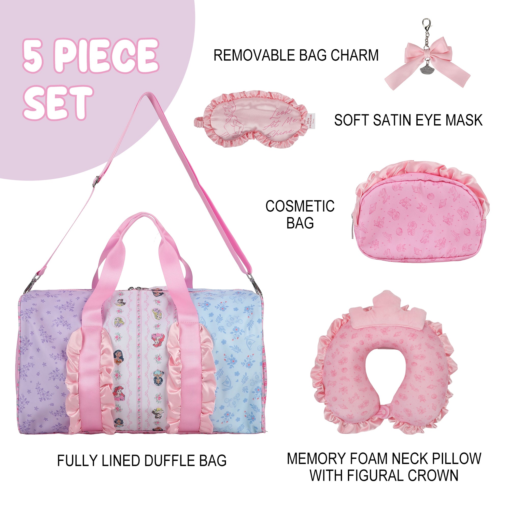 Disney Princess Sleepover 10" Duffle Bag Set with Neck Pillow for Kids