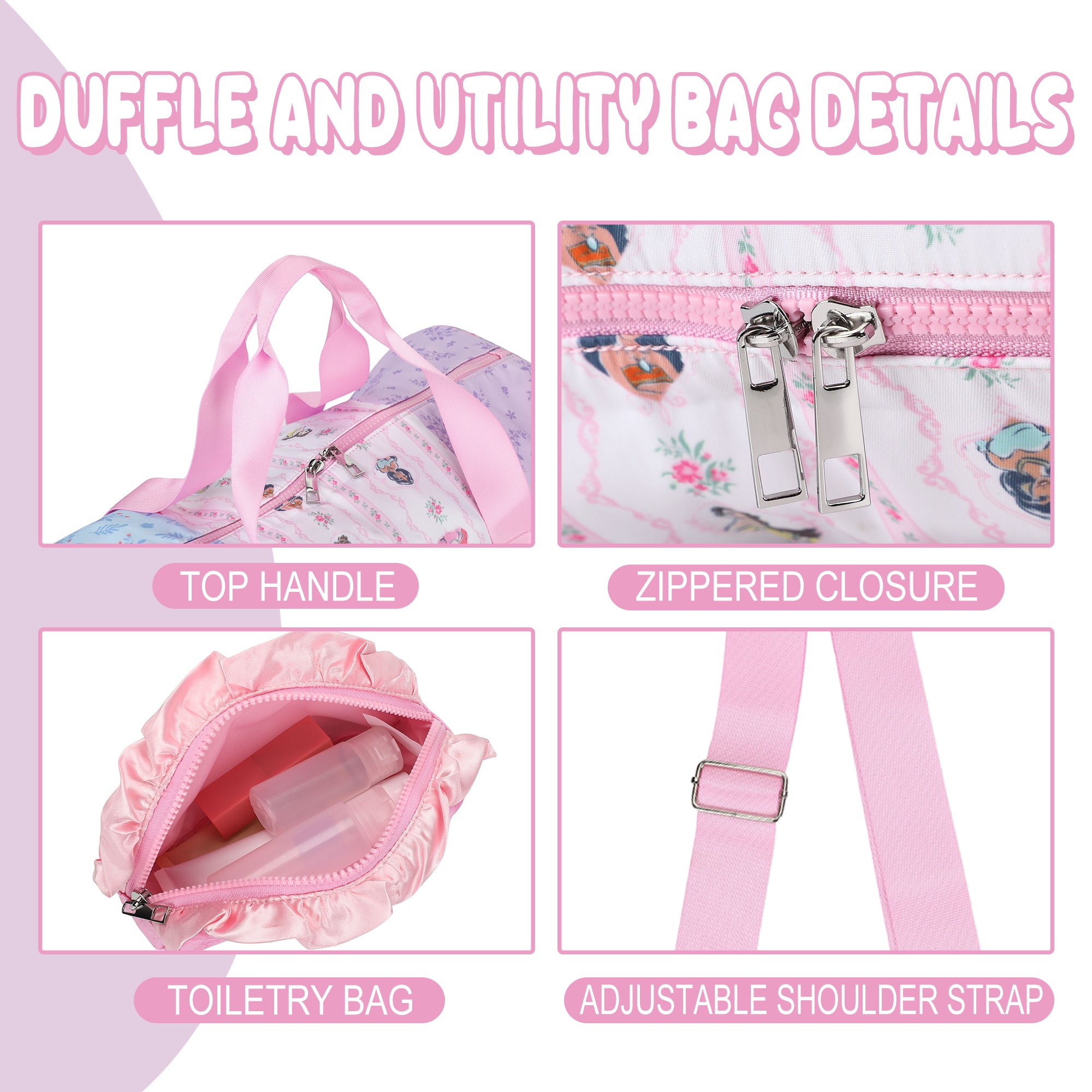 Disney Princess Sleepover 10" Duffle Bag Set with Neck Pillow for Kids