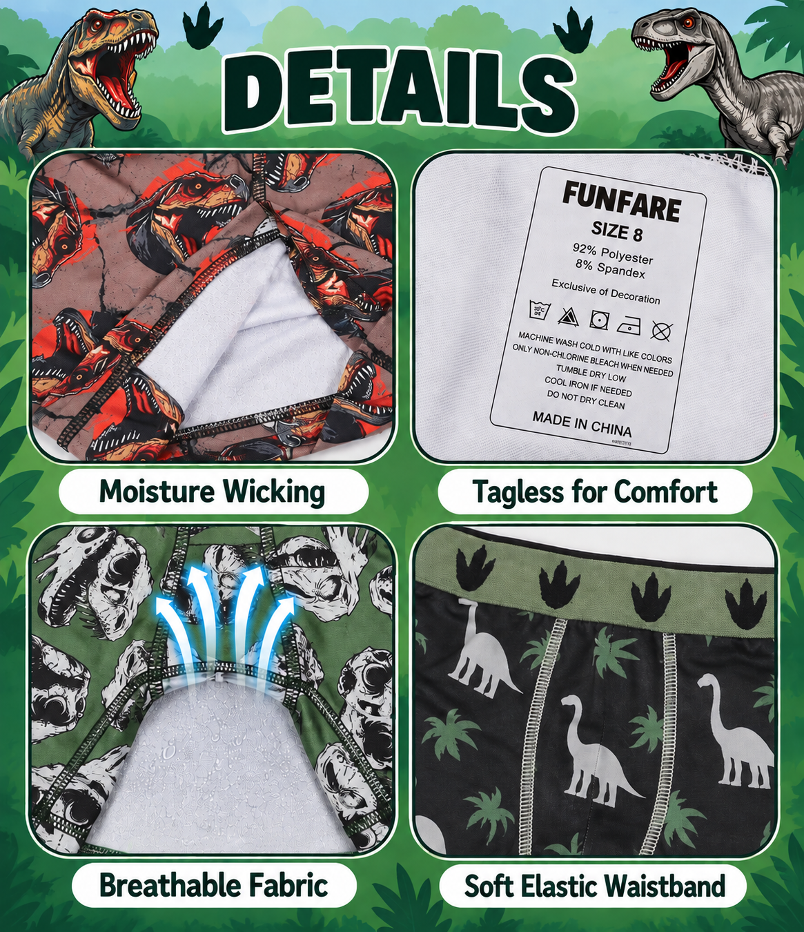 FUNFARE Underwear Dinosaurs All-Over Print Boy's 5-Pack Boxer Briefs