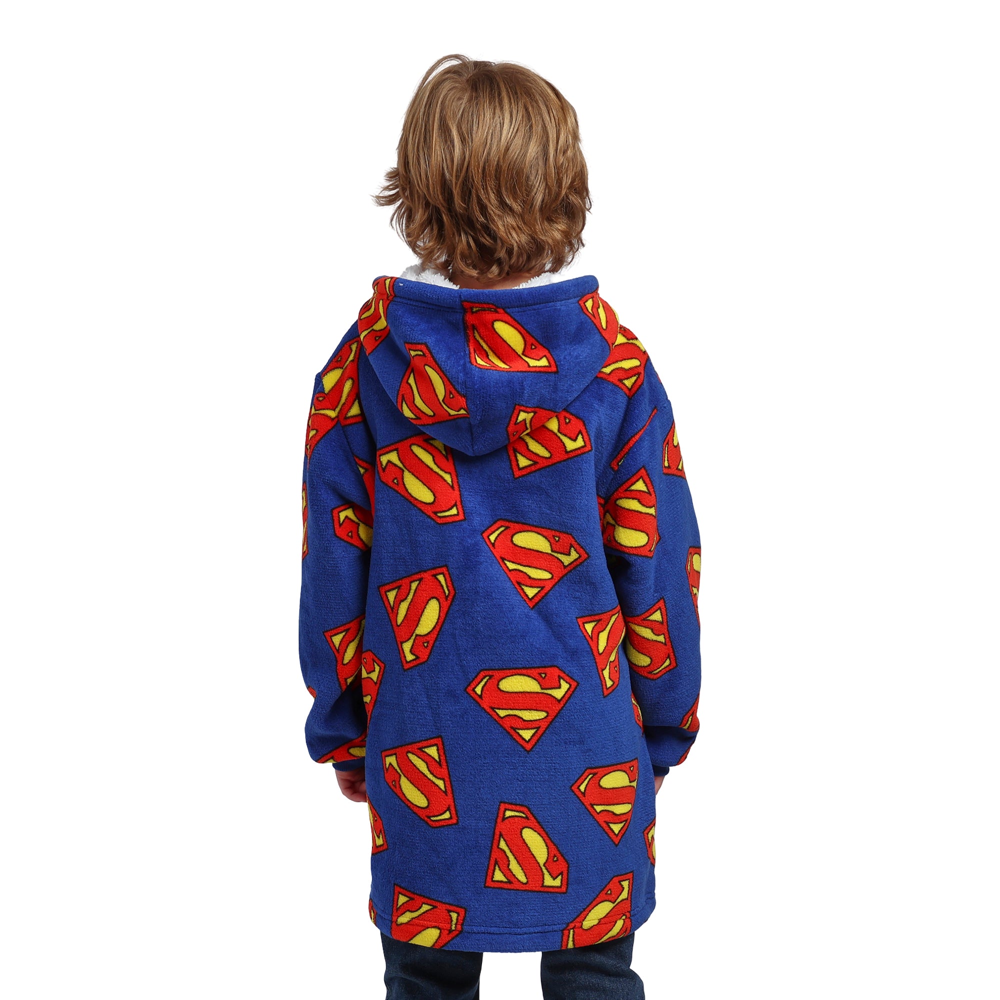 Superman Logo All-Over Print Boy's Blue Long Sleeve Sherpa Lined Kids Wearable Hoodie Blanket