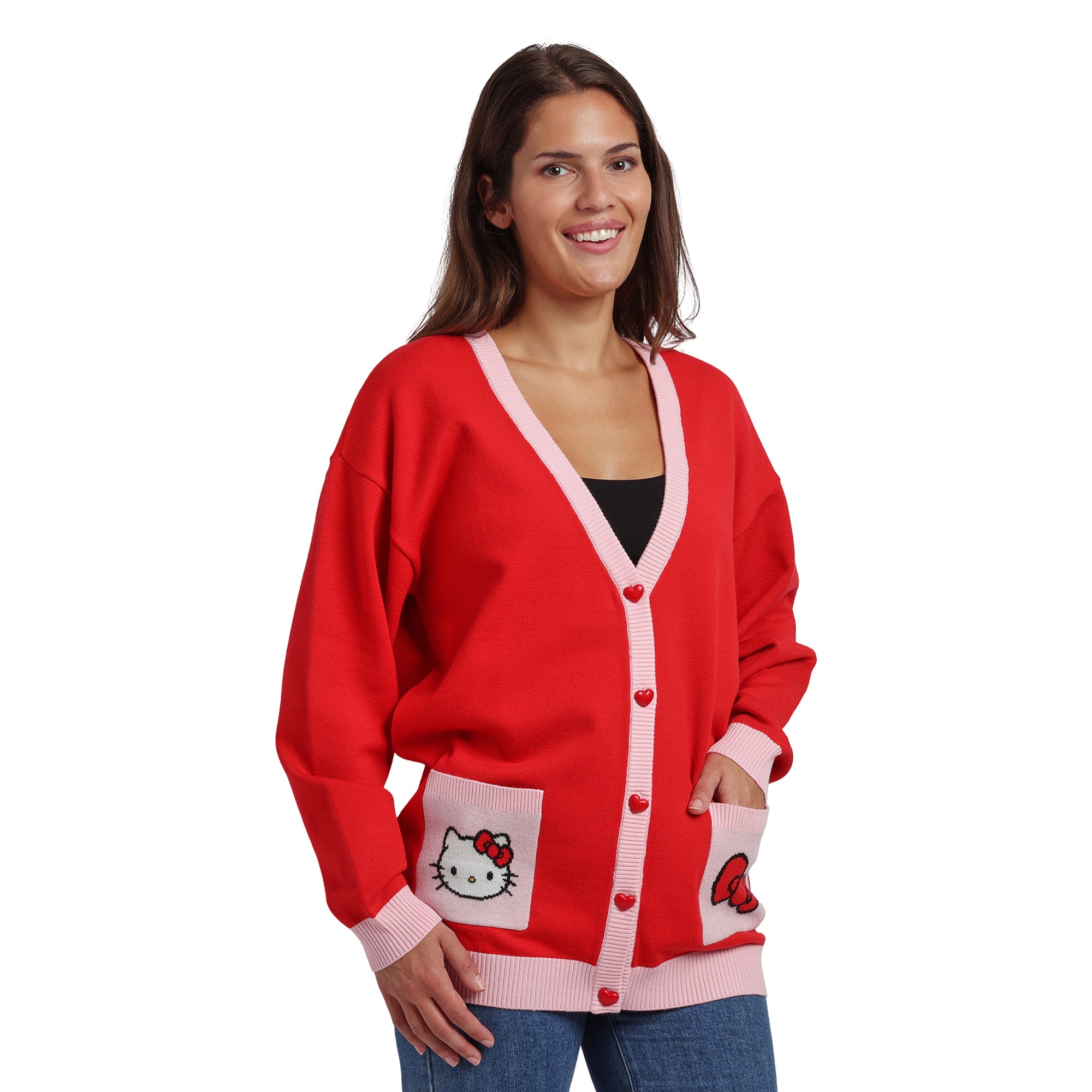 Hello Kitty Character Face & Bow Women's Red Long Sleeve Cardigan Sweater