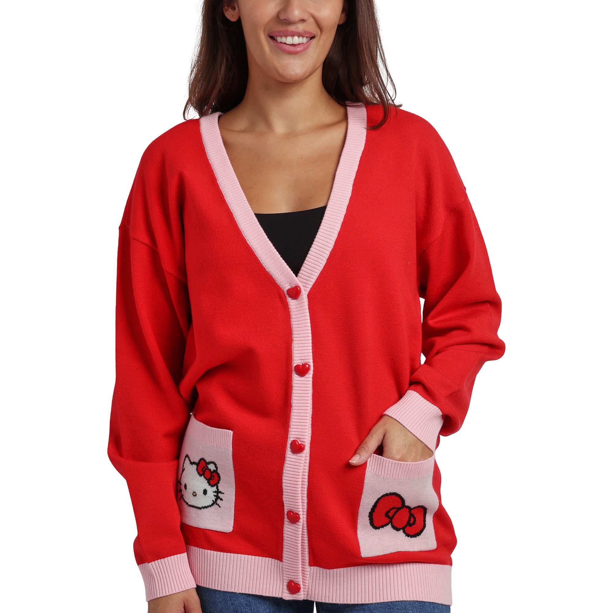Hello Kitty Character Face & Bow Women's Red Long Sleeve Cardigan Sweater