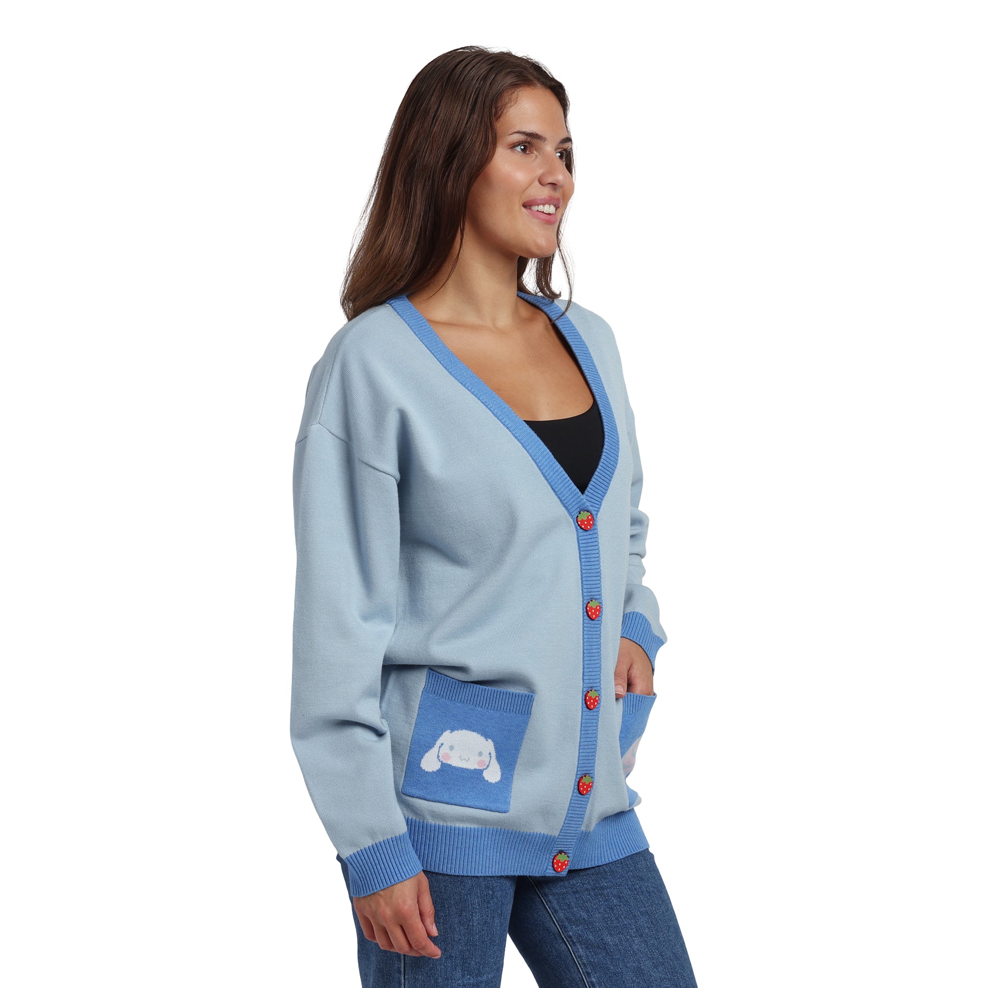 Cinnamoroll Character Face & Cinnamon Roll Women's Blue Long Sleeve Cardigan Sweater