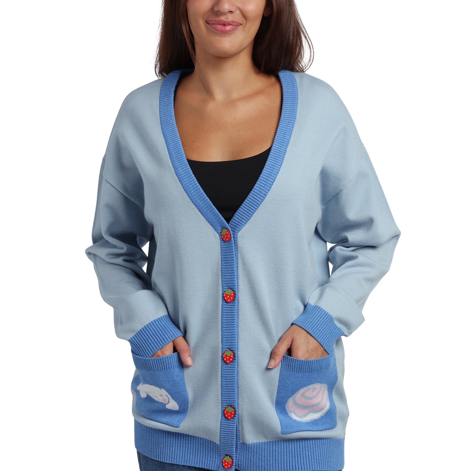 Cinnamoroll Character Face & Cinnamon Roll Women's Blue Long Sleeve Cardigan Sweater