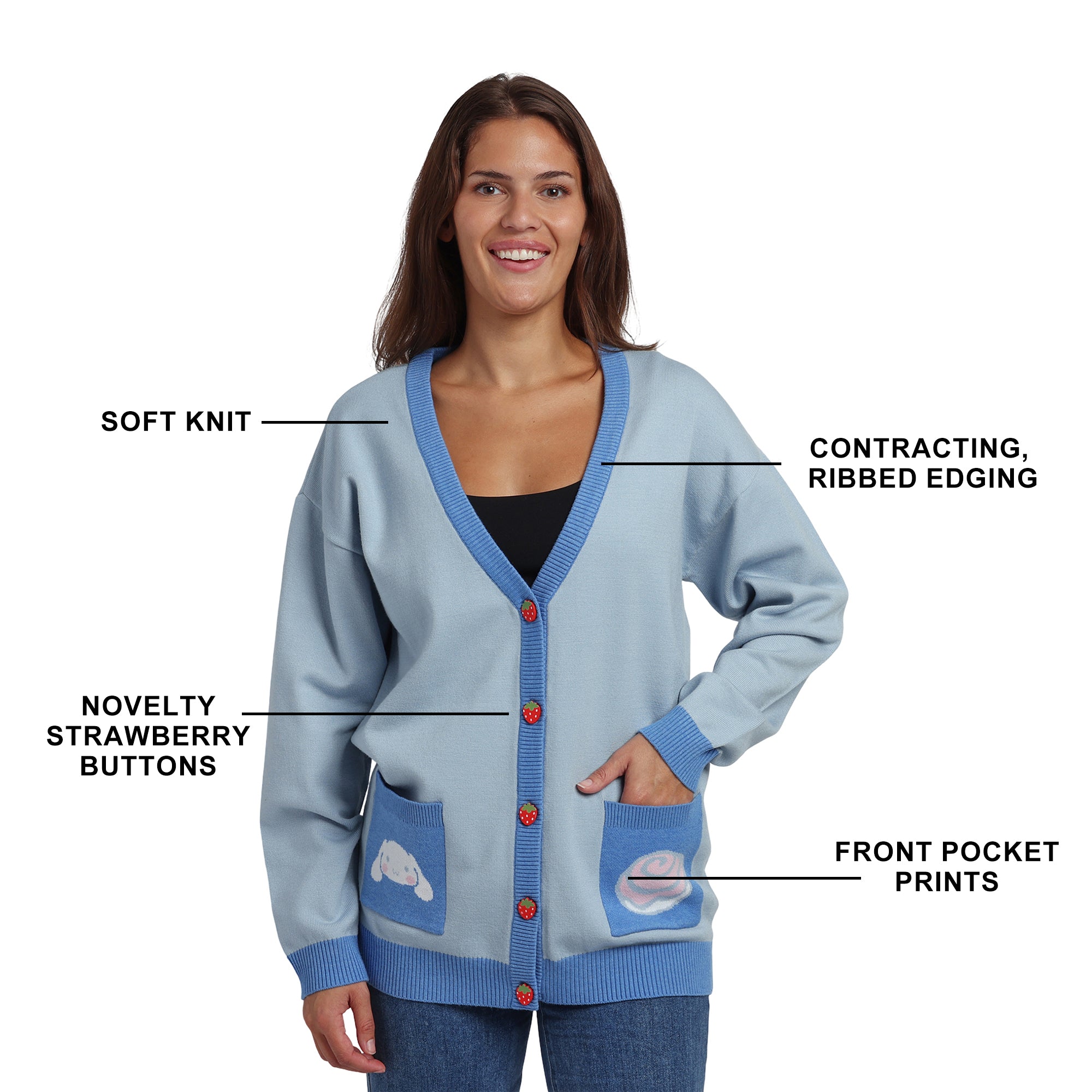 Cinnamoroll Character Face & Cinnamon Roll Women's Blue Long Sleeve Cardigan Sweater