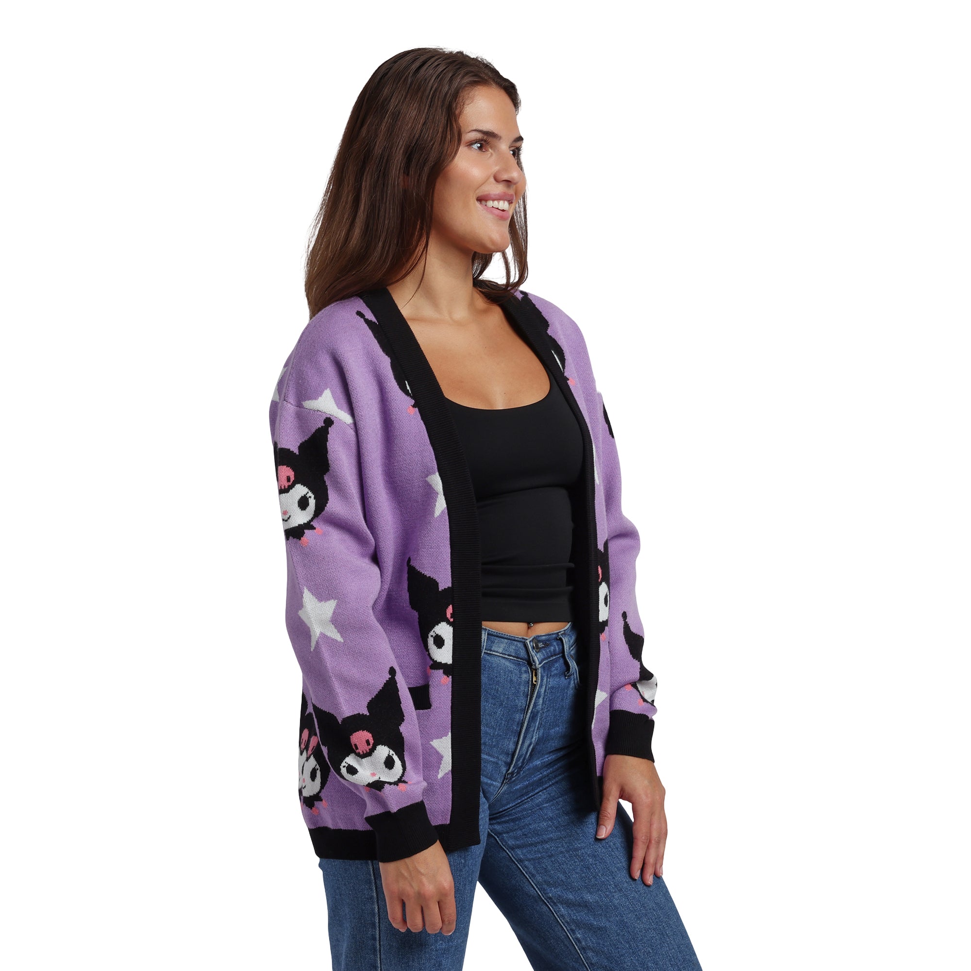 Kuromi Stars All-Over Print Women's Purple Long Sleeve Cardigan
