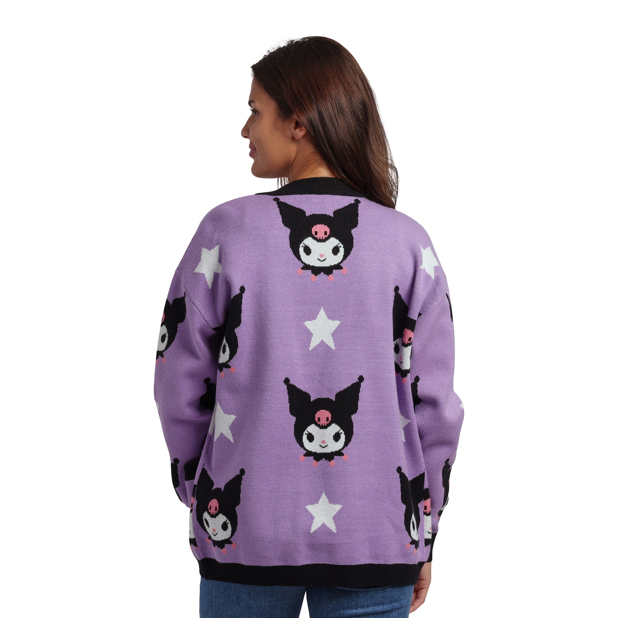Kuromi Stars All-Over Print Women's Purple Long Sleeve Cardigan