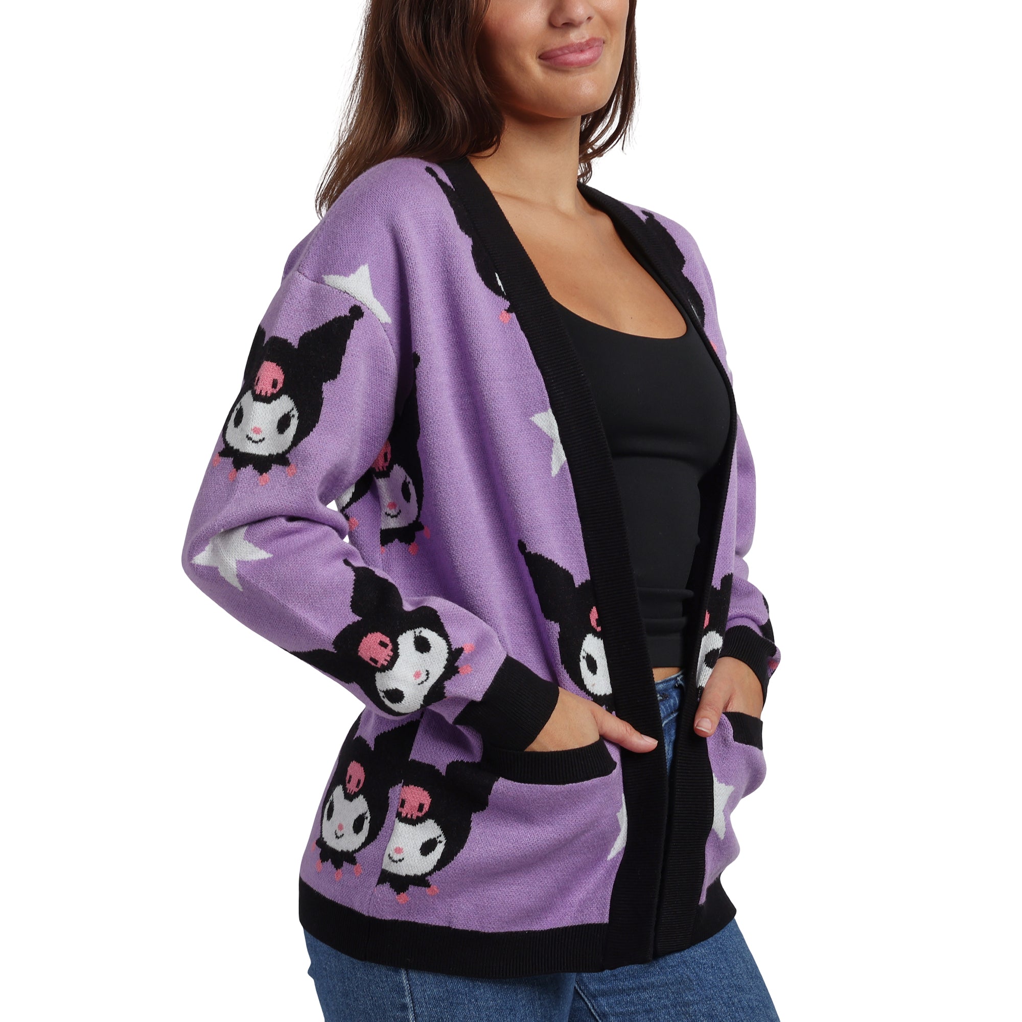 Kuromi Stars All-Over Print Women's Purple Long Sleeve Cardigan