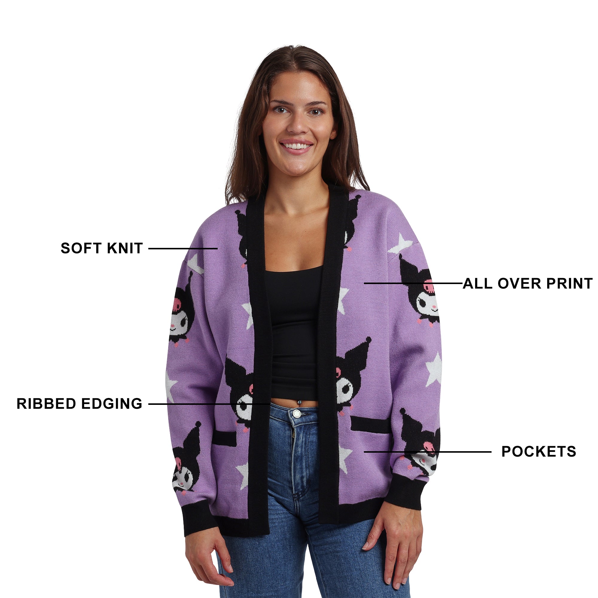 Kuromi Stars All-Over Print Women's Purple Long Sleeve Cardigan