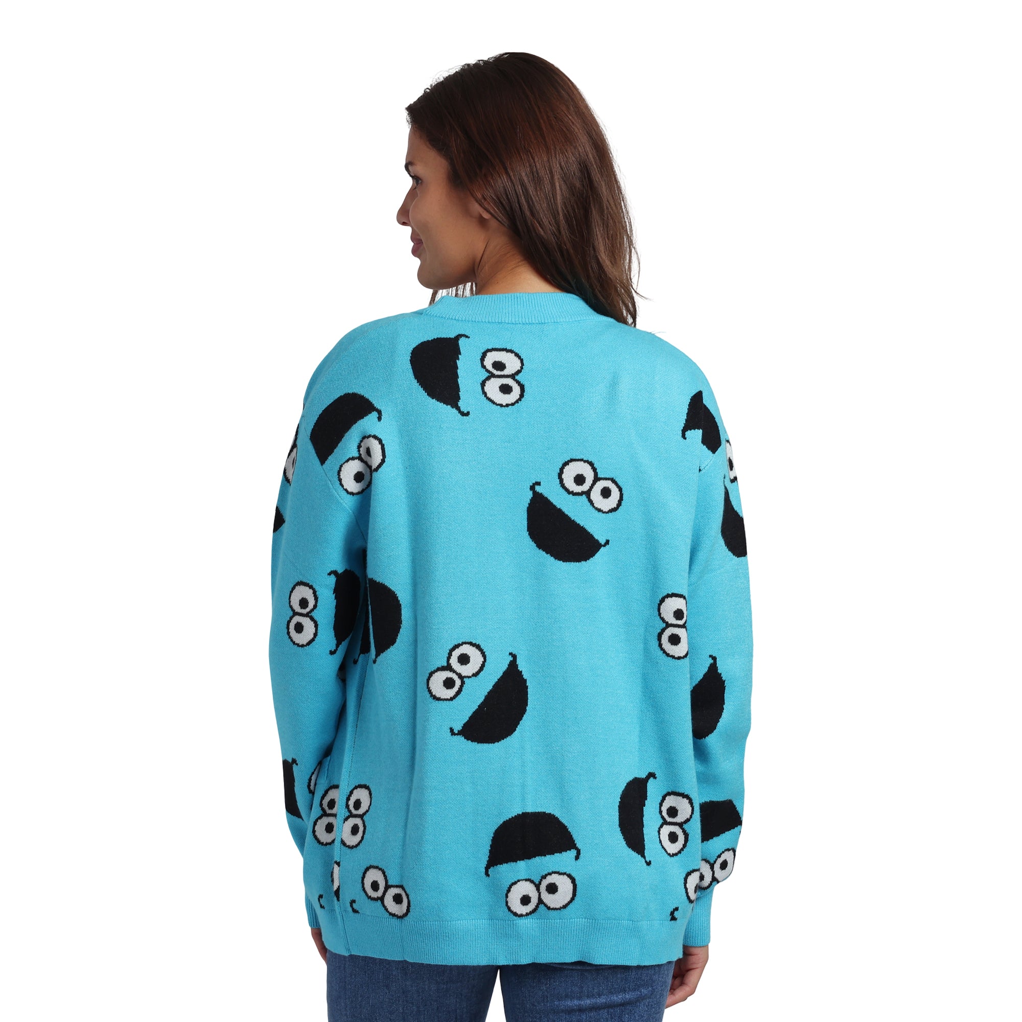 Sesame Street Cookie Monster All-Over Print Women's Blue Long Sleeve Cardigan