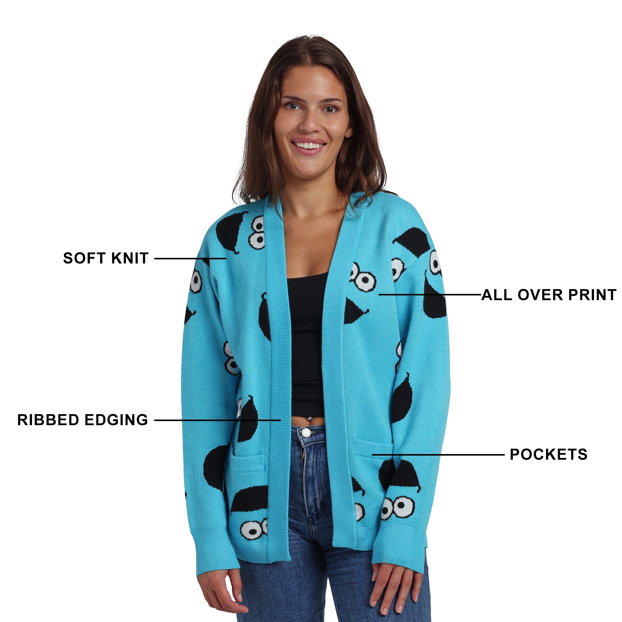 Sesame Street Cookie Monster All-Over Print Women's Blue Long Sleeve Cardigan