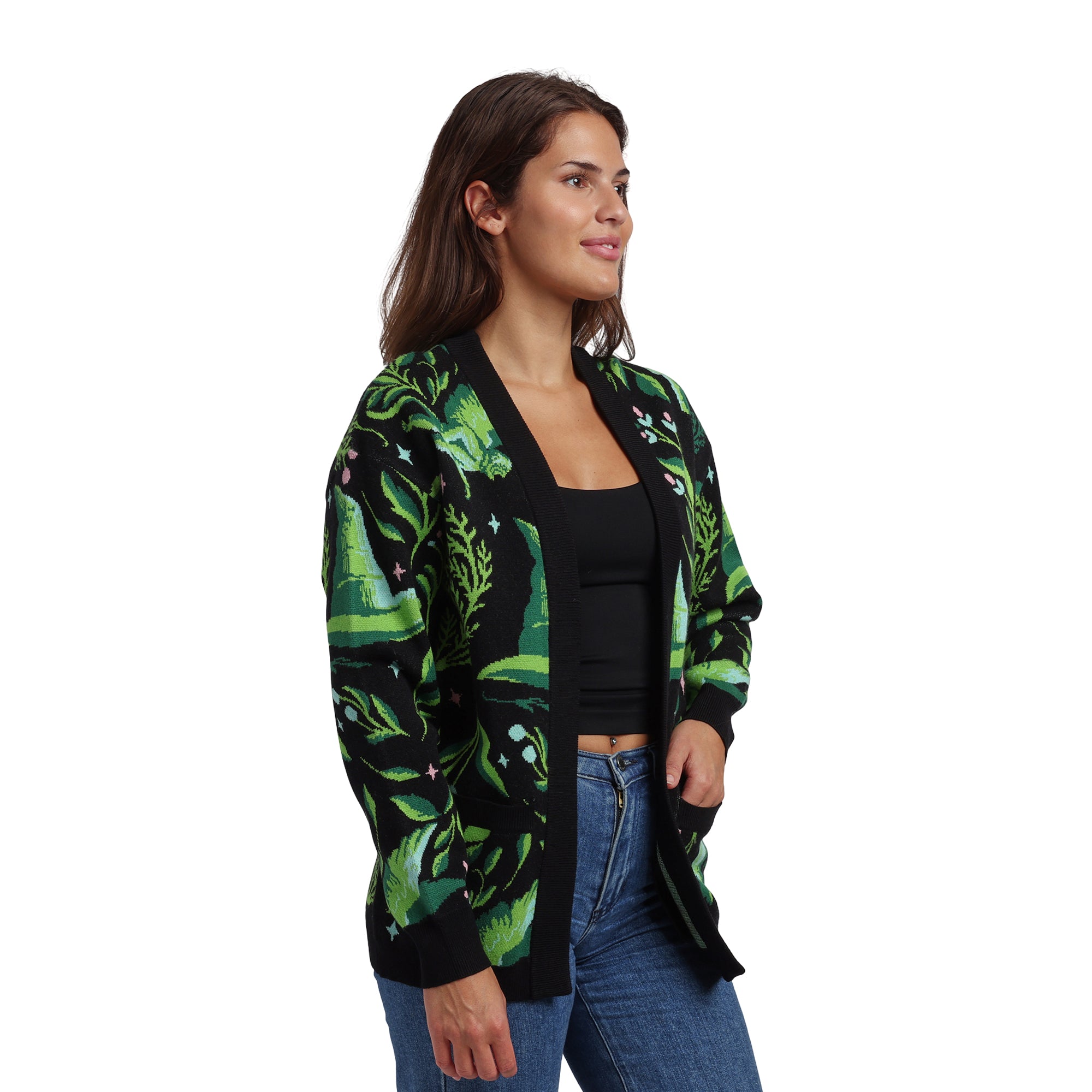 Wicked Witch Hat All-Over Print Women's Black Long Sleeve Cardigan