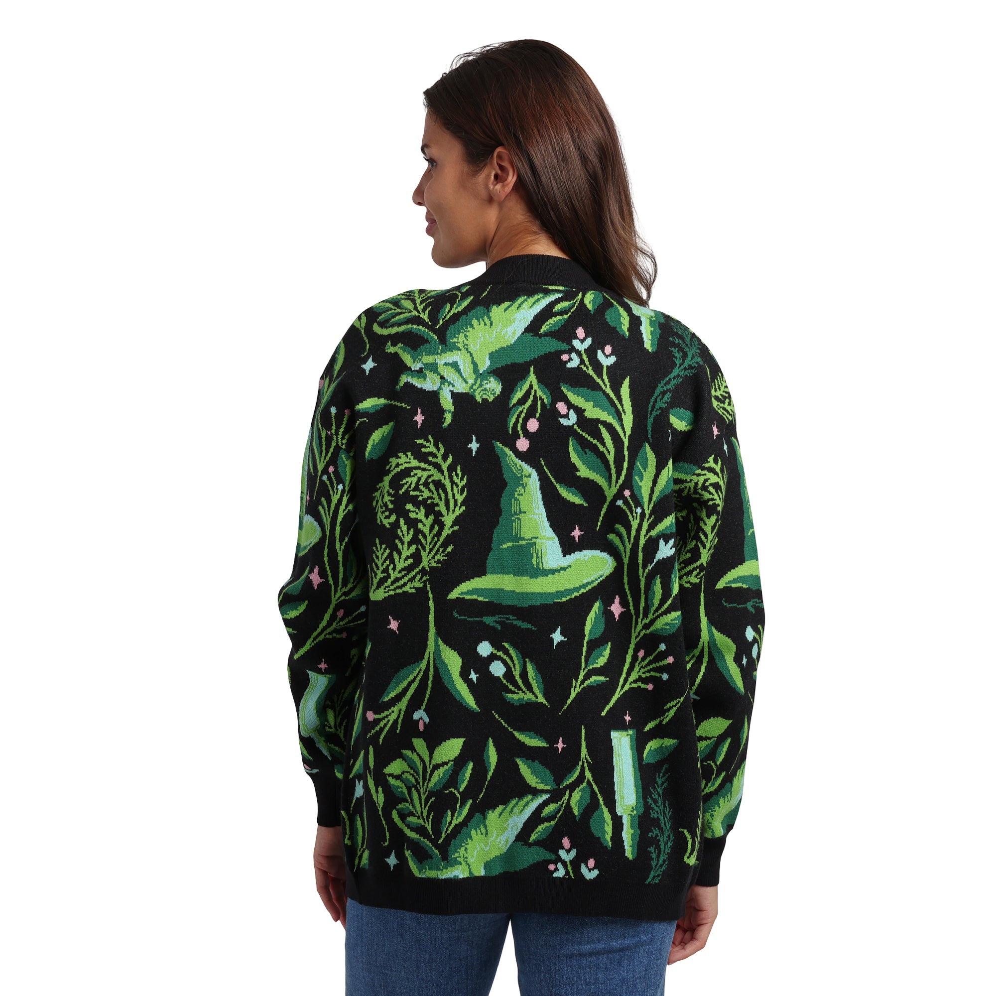 Wicked Witch Hat All-Over Print Women's Black Long Sleeve Cardigan