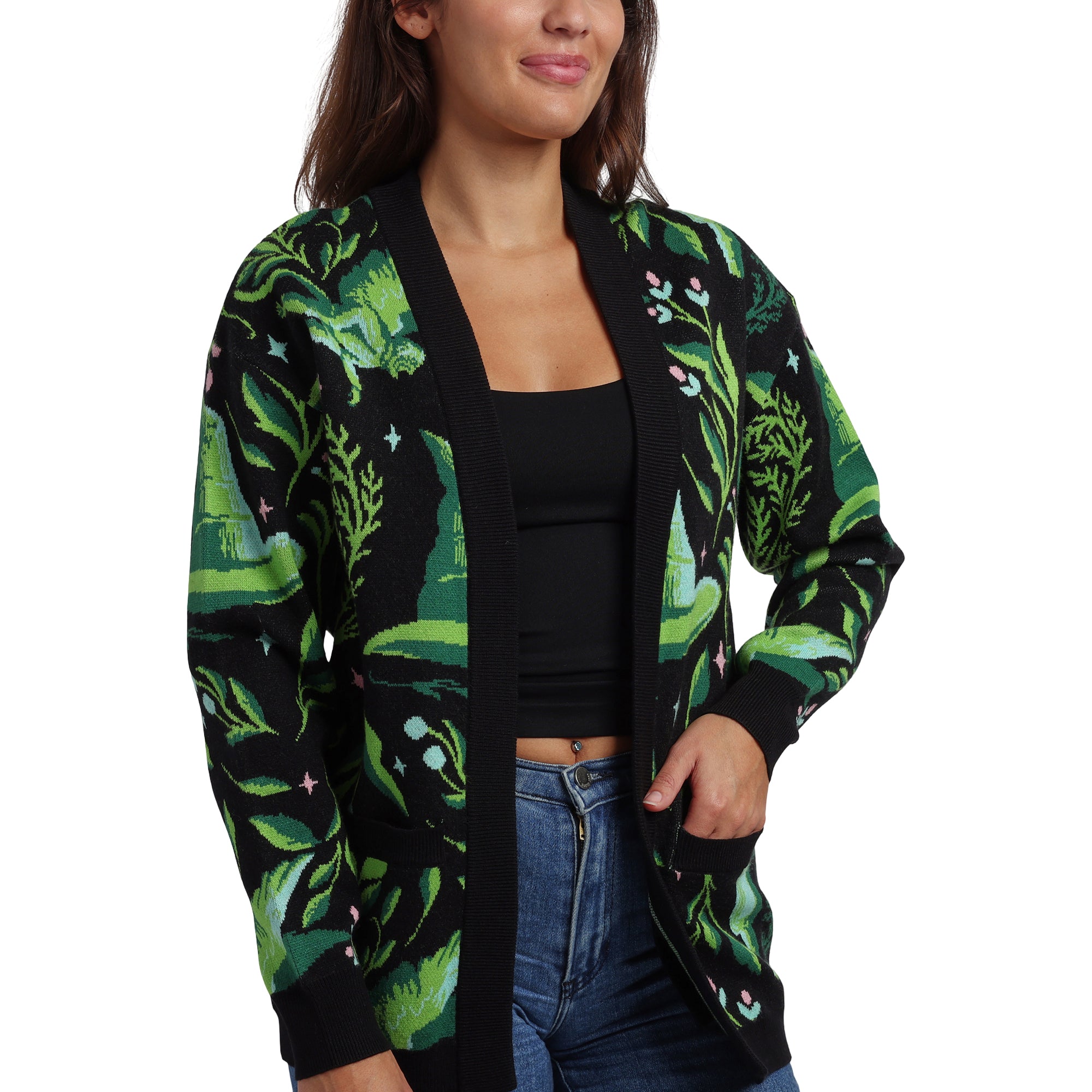 Wicked Witch Hat All-Over Print Women's Black Long Sleeve Cardigan