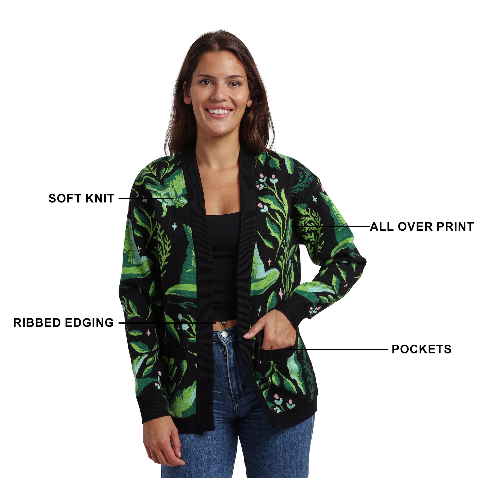 Wicked Witch Hat All-Over Print Women's Black Long Sleeve Cardigan