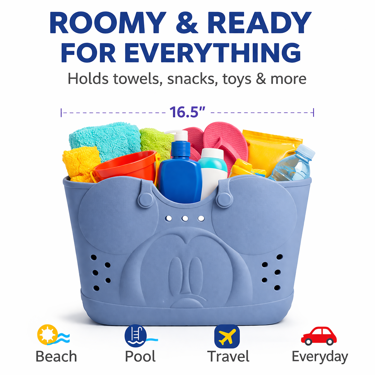Disney Mickey Mouse EVA Gummy Tote Bag - Waterproof Rubber Beach Bag, Gray Mickey Design, Large 16.5" Carry-All for Pool, Travel & Everyday Use