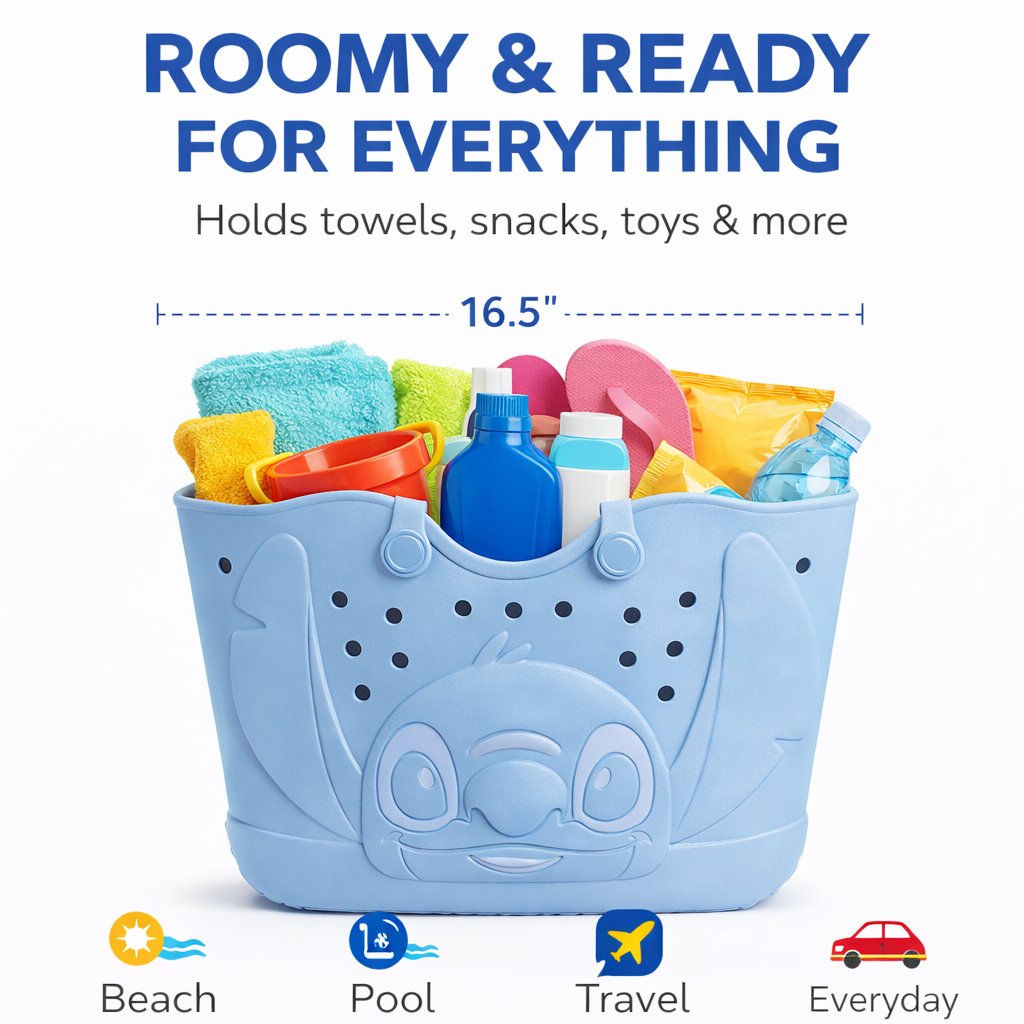 Disney Stitch EVA Gummy Tote Bag - Waterproof Rubber Beach Bag, Blue Stitch Design, Large 16.5" Carry-All for Pool, Travel & Everyday Use