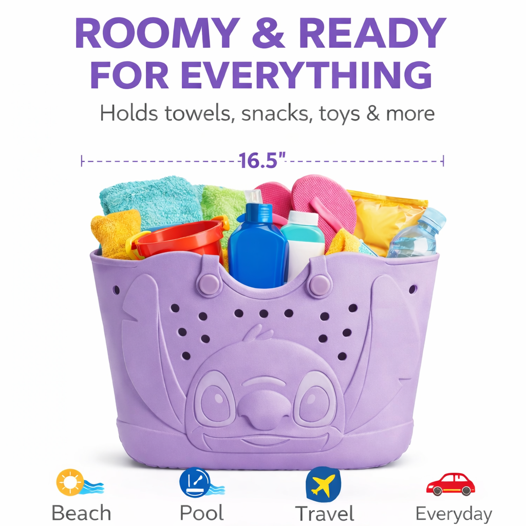 Disney Lilo & Stitch EVA Gummy Tote Bag - Waterproof Rubber Beach Bag, Purple Stitch Design, Large 16.5" Carry-All for Pool, Travel & Everyday Use