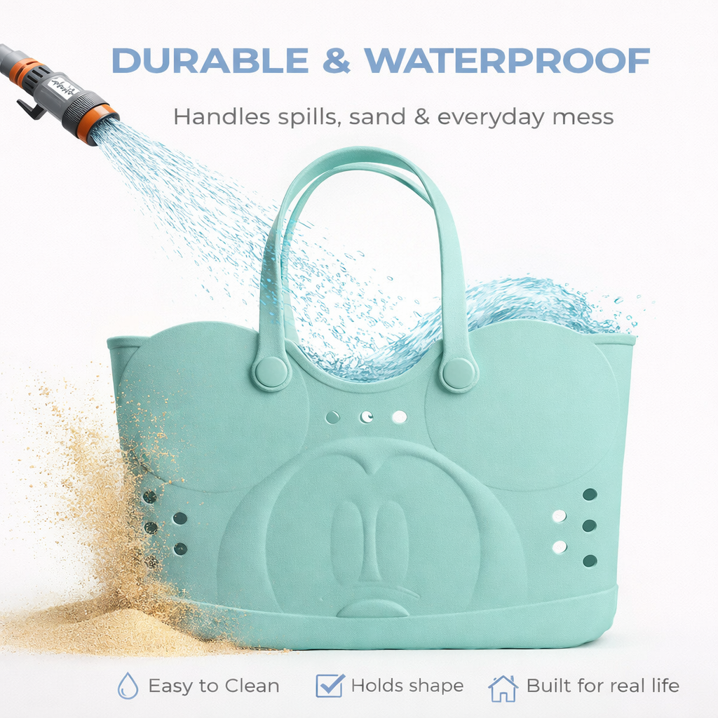 Disney Mickey Mouse EVA Gummy Tote Bag - Waterproof Rubber Beach Bag, Light Green Mickey Design, Large 16.5" Carry-All for Pool, Travel & Everyday Use