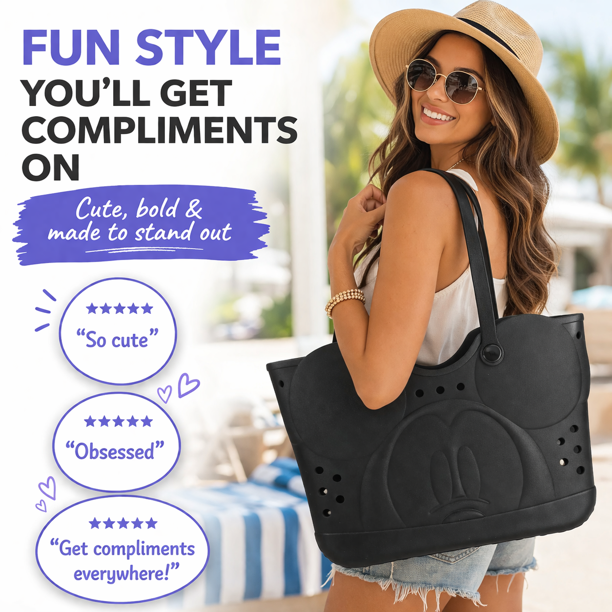Disney Mickey Mouse EVA Gummy Tote Bag - Waterproof Rubber Beach Bag, Black Mickey Design, Large 16.5" Carry-All for Pool, Travel & Everyday Use