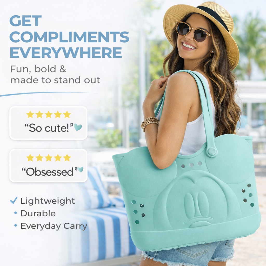 Disney Mickey Mouse EVA Gummy Tote Bag - Waterproof Rubber Beach Bag, Light Green Mickey Design, Large 16.5" Carry-All for Pool, Travel & Everyday Use