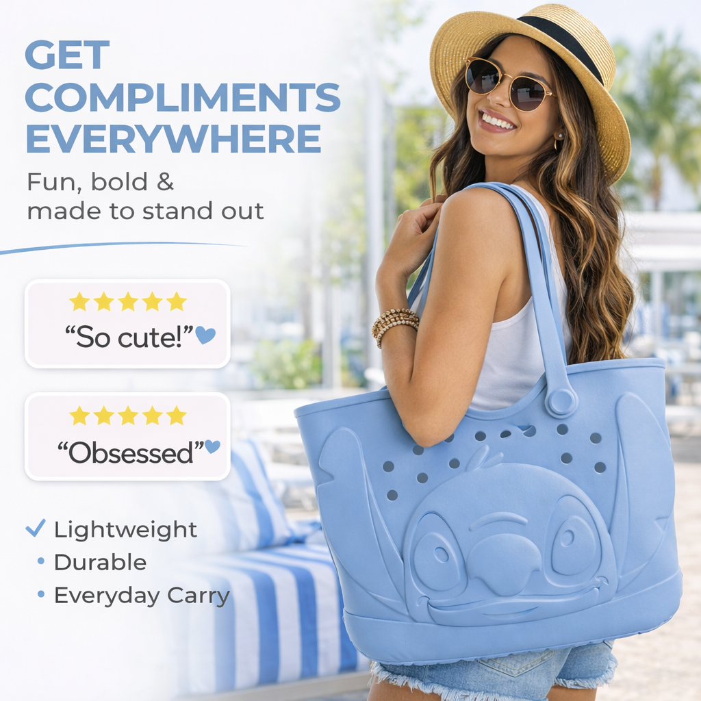 Disney Stitch EVA Gummy Tote Bag - Waterproof Rubber Beach Bag, Blue Stitch Design, Large 16.5" Carry-All for Pool, Travel & Everyday Use