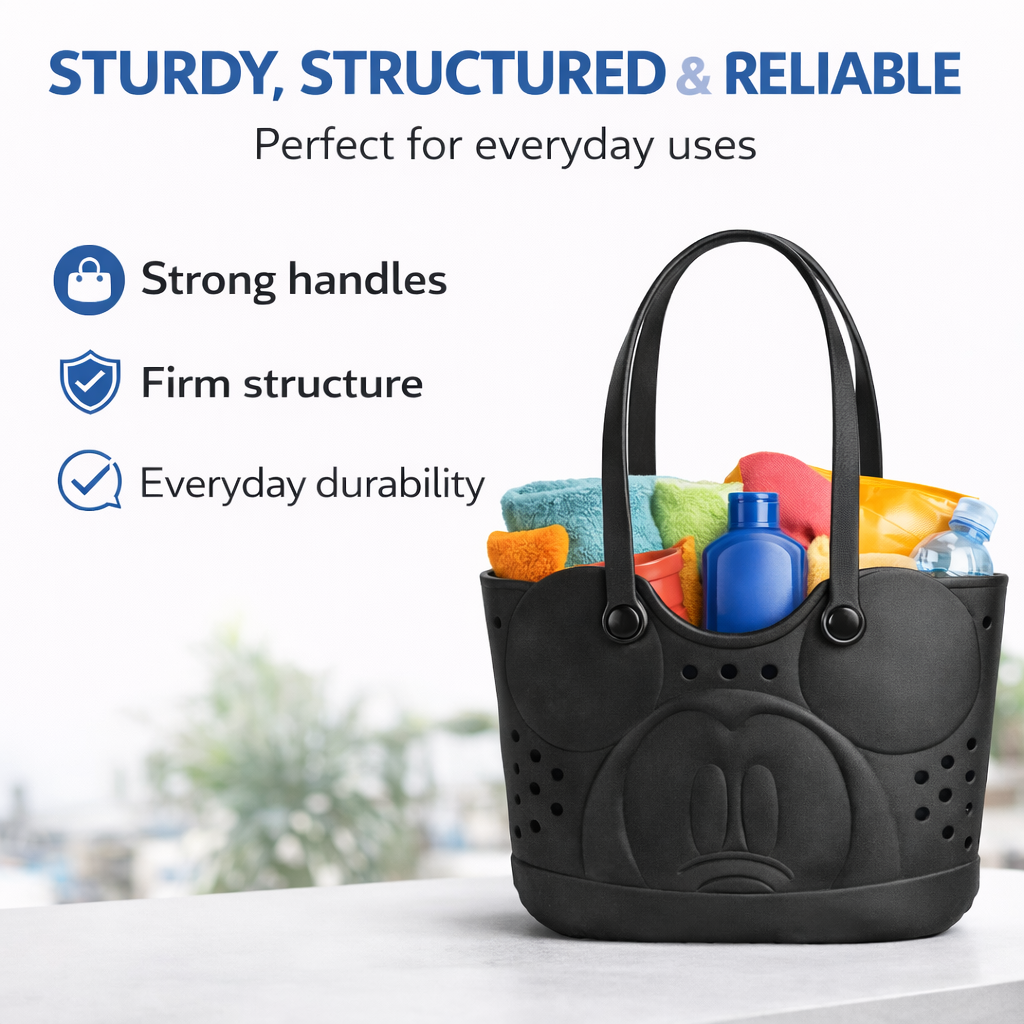 Disney Mickey Mouse EVA Gummy Tote Bag - Waterproof Rubber Beach Bag, Black Mickey Design, Large 16.5" Carry-All for Pool, Travel & Everyday Use