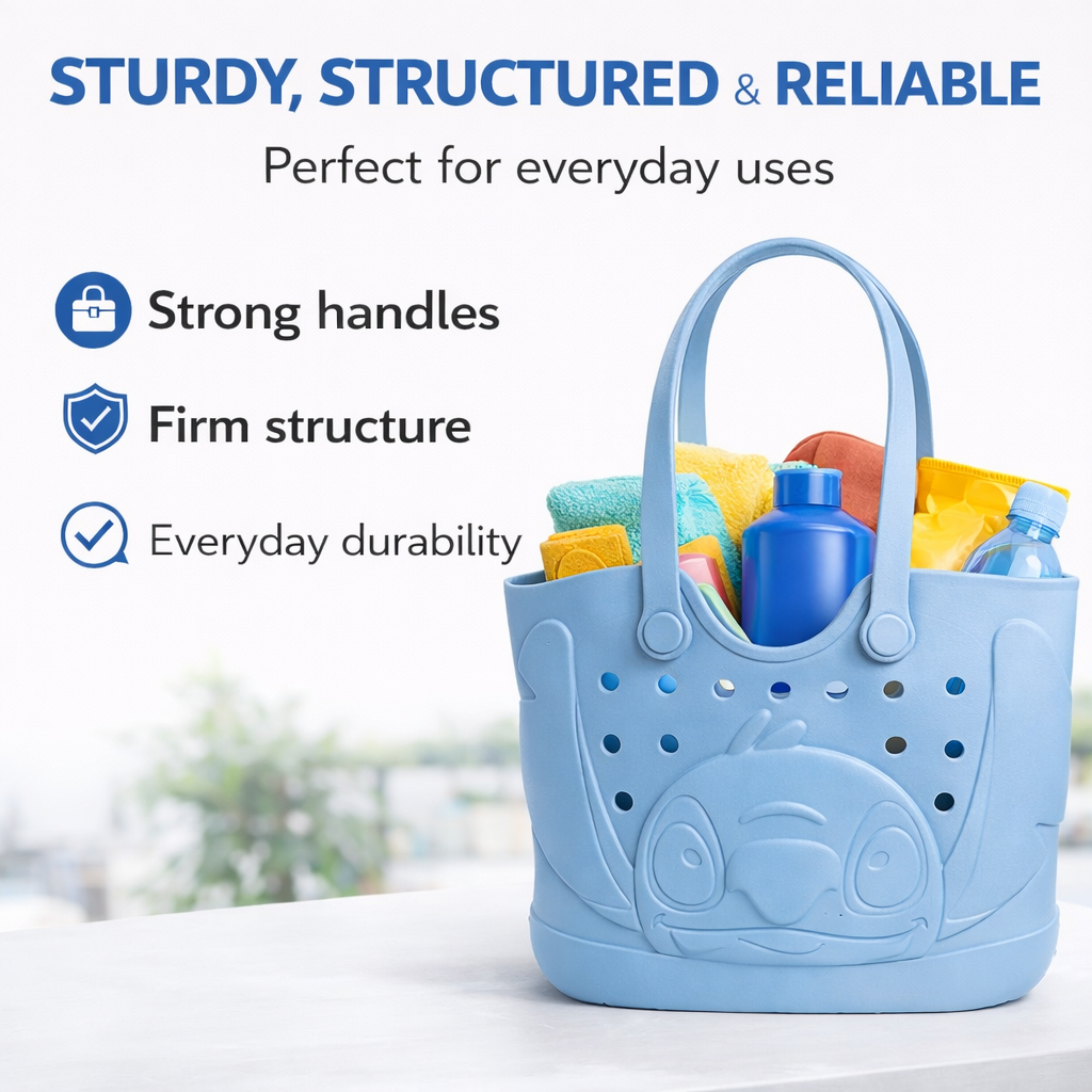Disney Stitch EVA Gummy Tote Bag - Waterproof Rubber Beach Bag, Blue Stitch Design, Large 16.5" Carry-All for Pool, Travel & Everyday Use