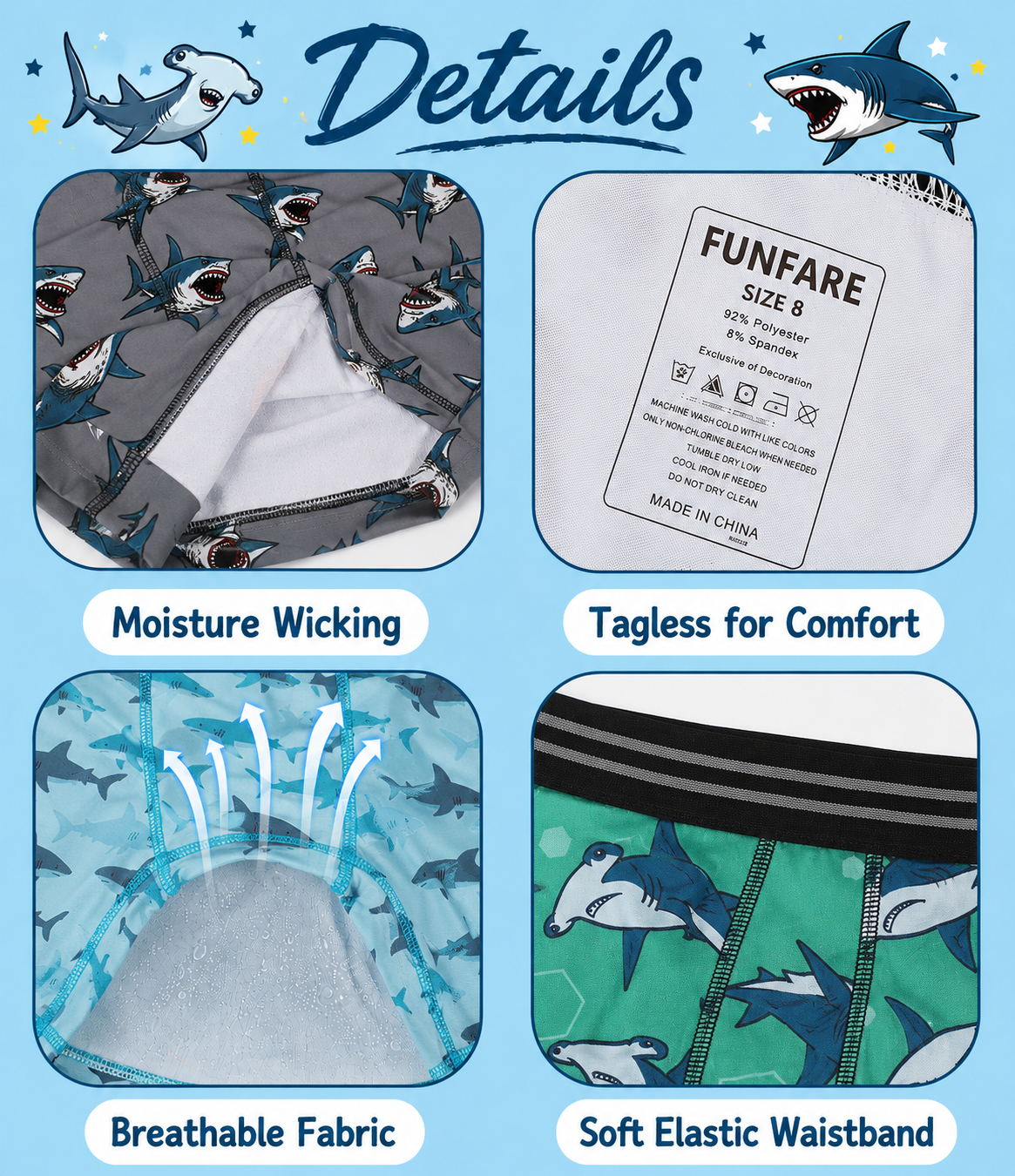 FUNFARE Underwear Sharks All-Over Prints Boys' Boxer Briefs Multipack (5 Pack)