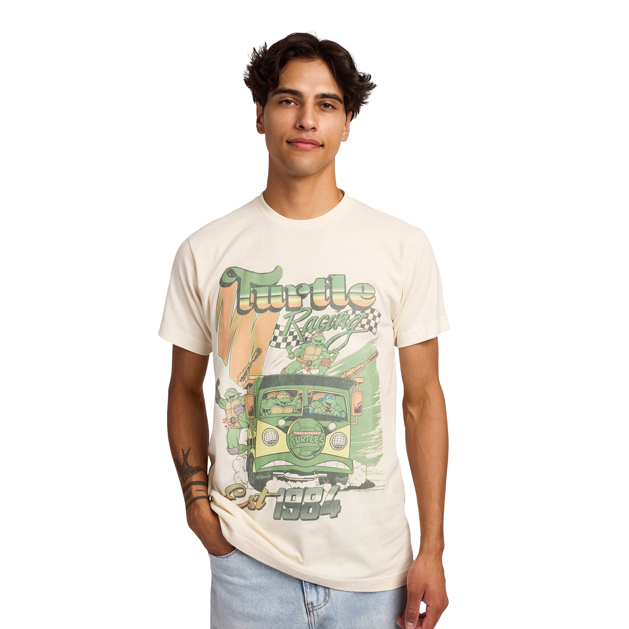 TMNT Classic Retro Cartoon Turtle Racing Men's Sand Crew Neck Short Sleeve T-shirt