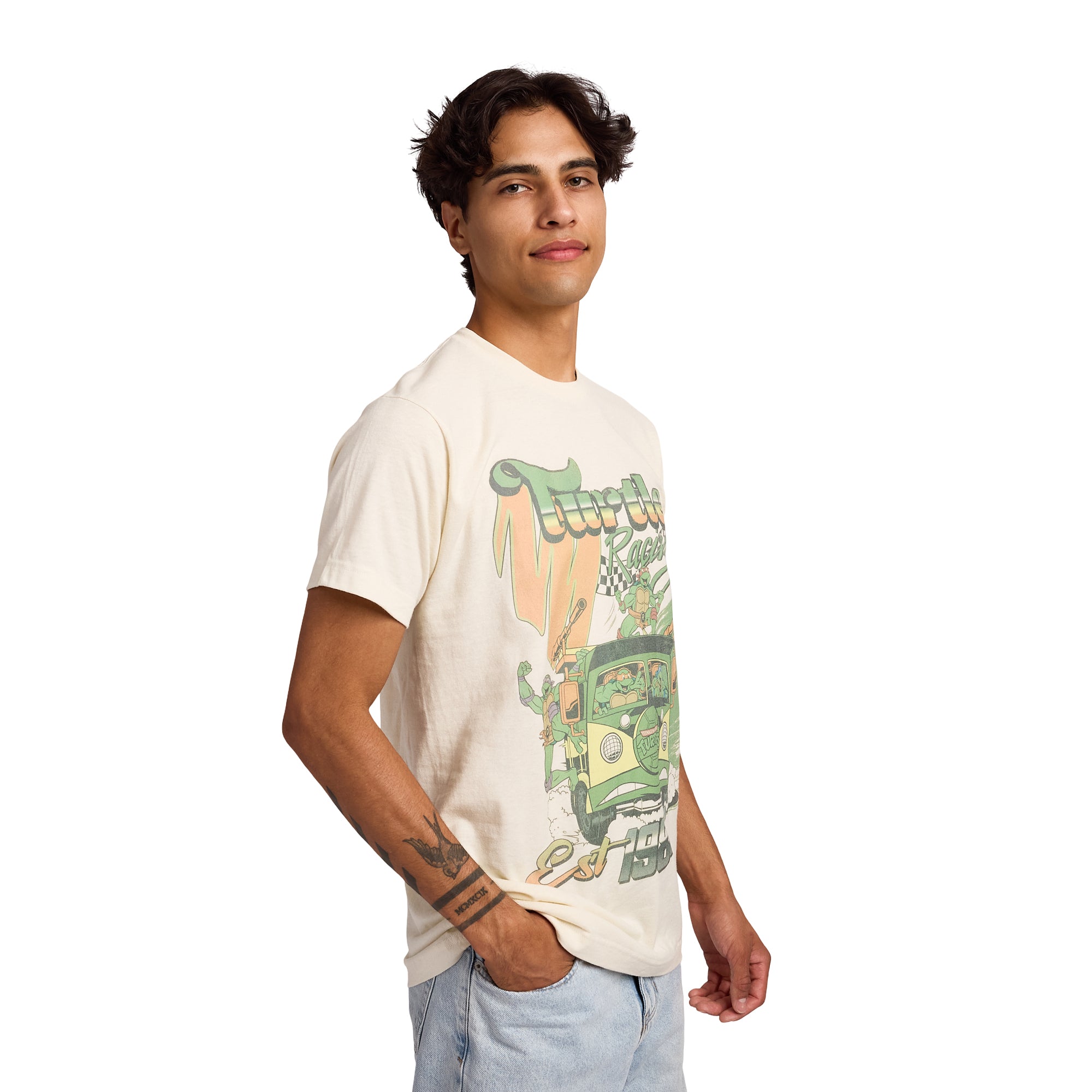 TMNT Classic Retro Cartoon Turtle Racing Men's Sand Crew Neck Short Sleeve T-shirt