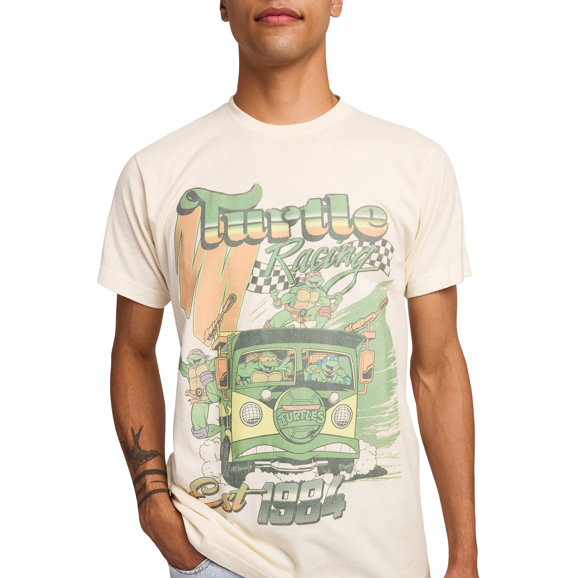 TMNT Classic Retro Cartoon Turtle Racing Men's Sand Crew Neck Short Sleeve T-shirt
