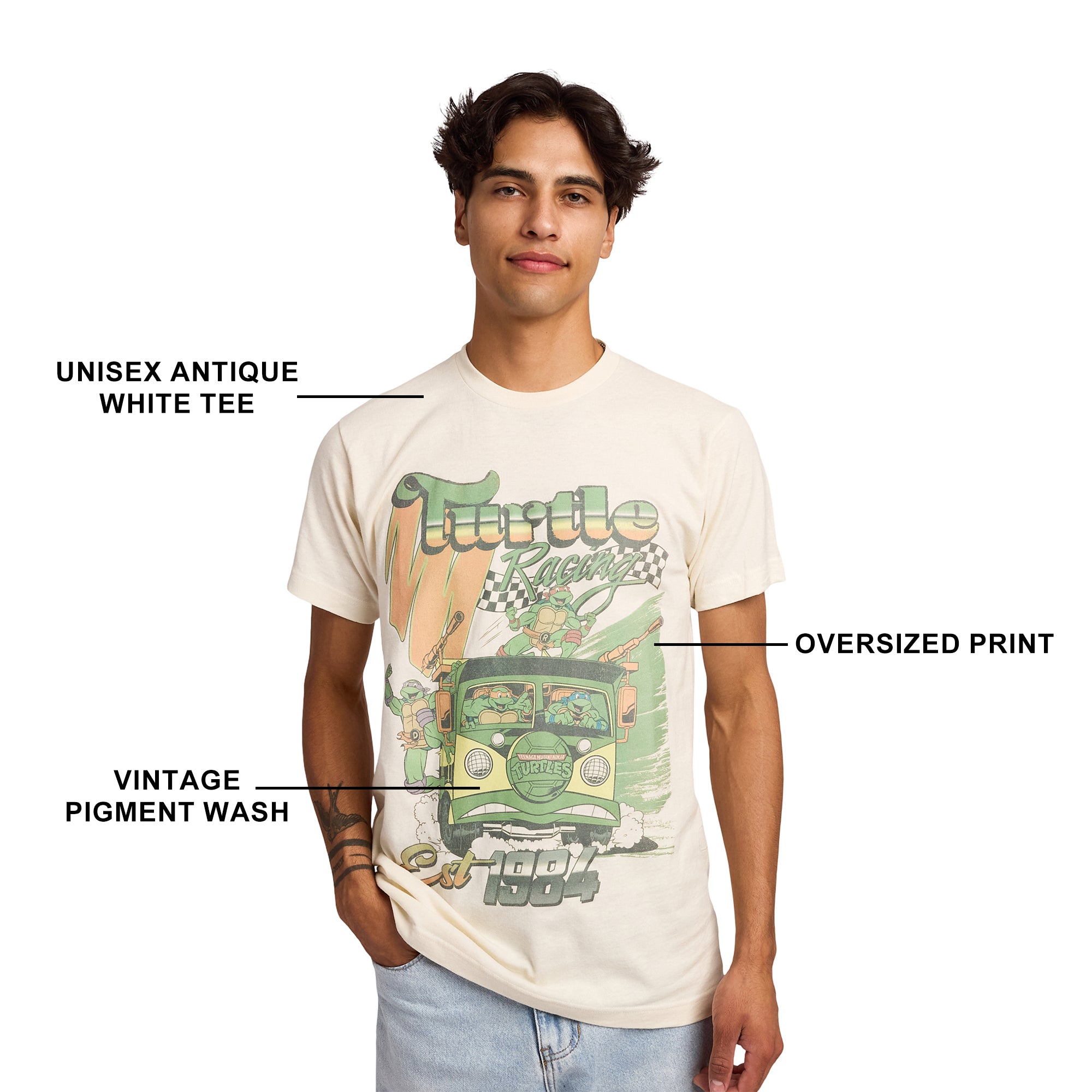 TMNT Classic Retro Cartoon Turtle Racing Men's Sand Crew Neck Short Sleeve T-shirt