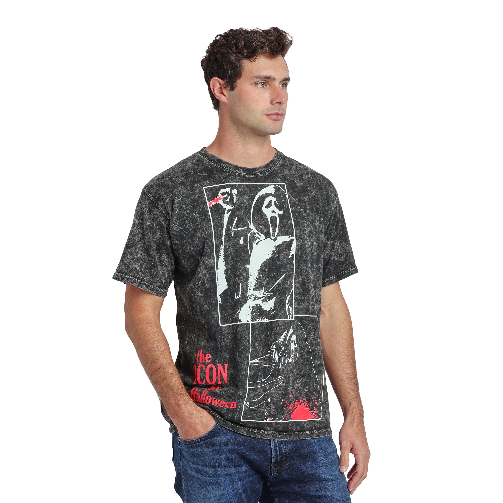 Ghostface Oversize Character Printed Patches With Red Text on Men's Black Mineral Wash Short Sleeve Tee