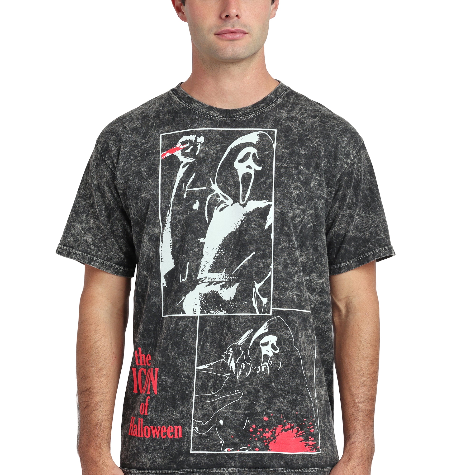 Ghostface Oversize Character Printed Patches With Red Text on Men's Black Mineral Wash Short Sleeve Tee