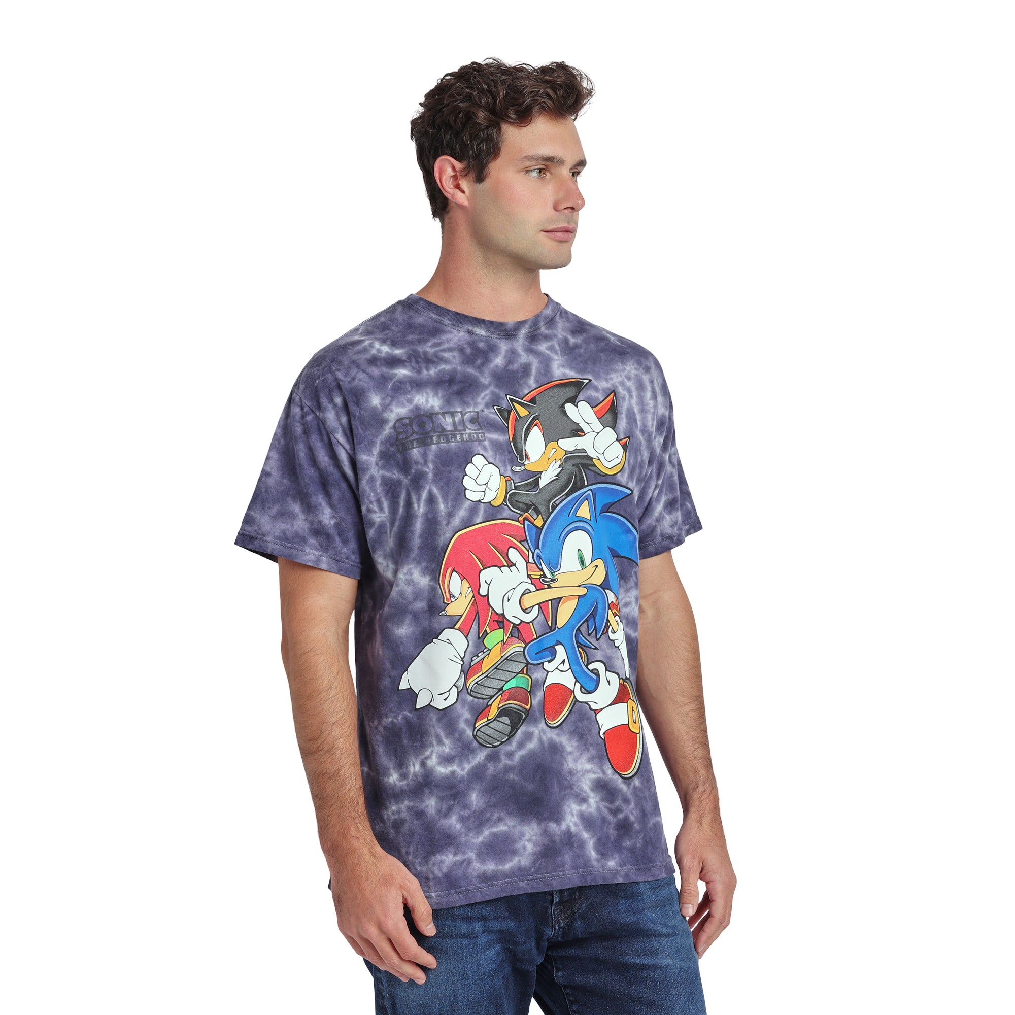 Sonic The Hedgehog Sonic Knuckles & Shadow Men's Dark Blue Mineral Wash Crew Neck Short Sleeve T-shirt