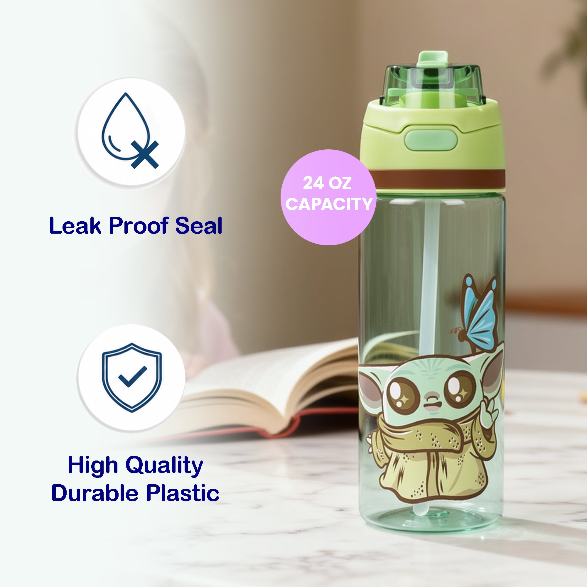 The Mandalorian Baby Grogu 24 oz Plastic Water Bottle On-the-Go Hydration