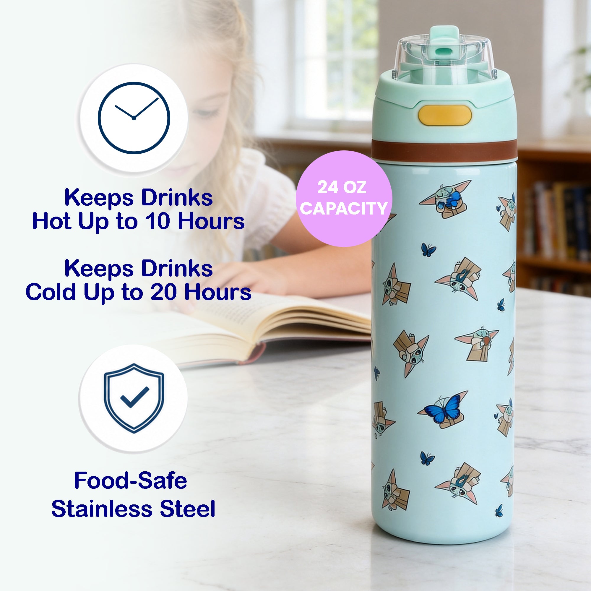 The Mandalorian Grogu All-Over Print Blue 24 Oz Stainless Steel Water Bottle