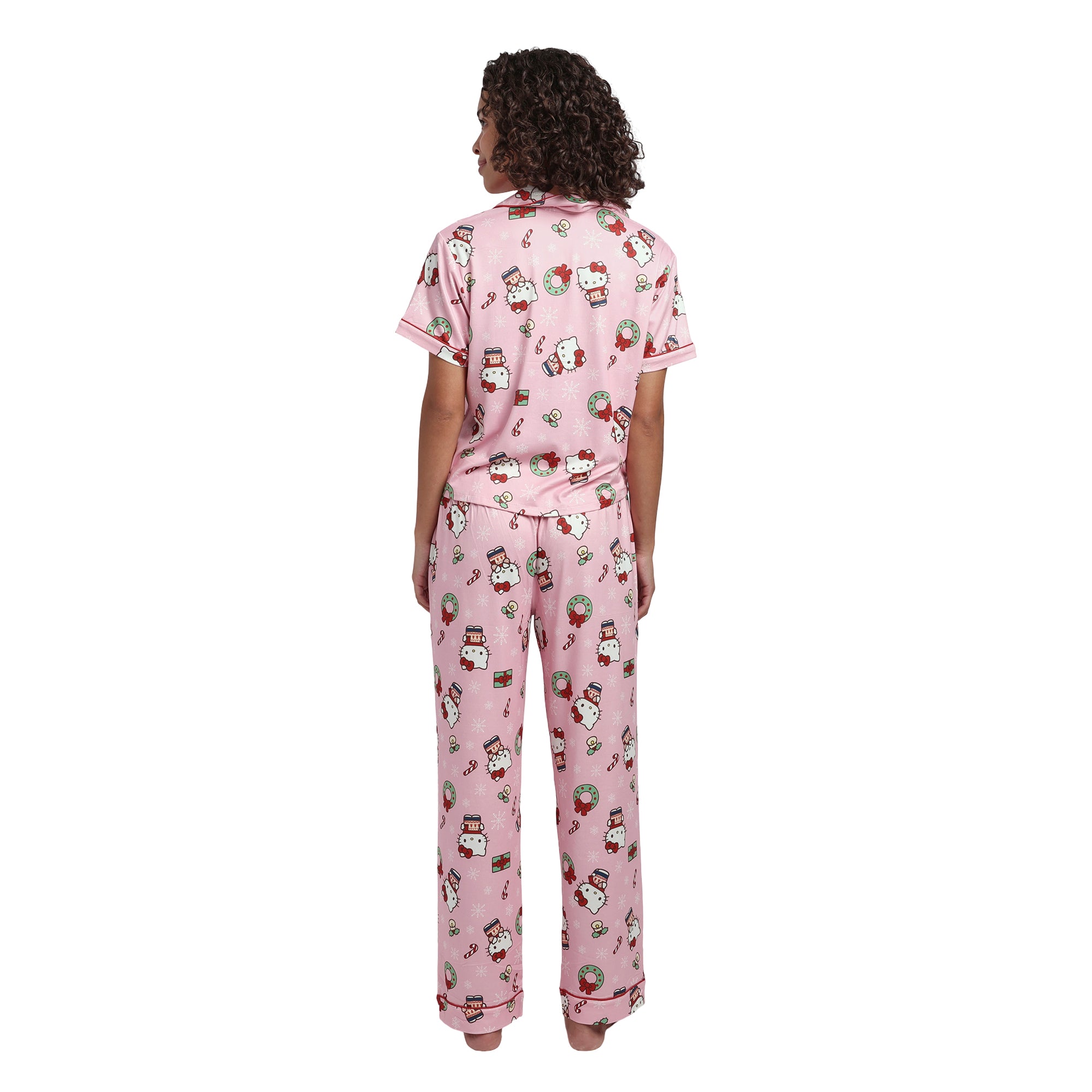 Hello Kitty Holiday All-Over Print Women's Button-Down Shirt And Pants Traditional 2-Piece Pajama Set