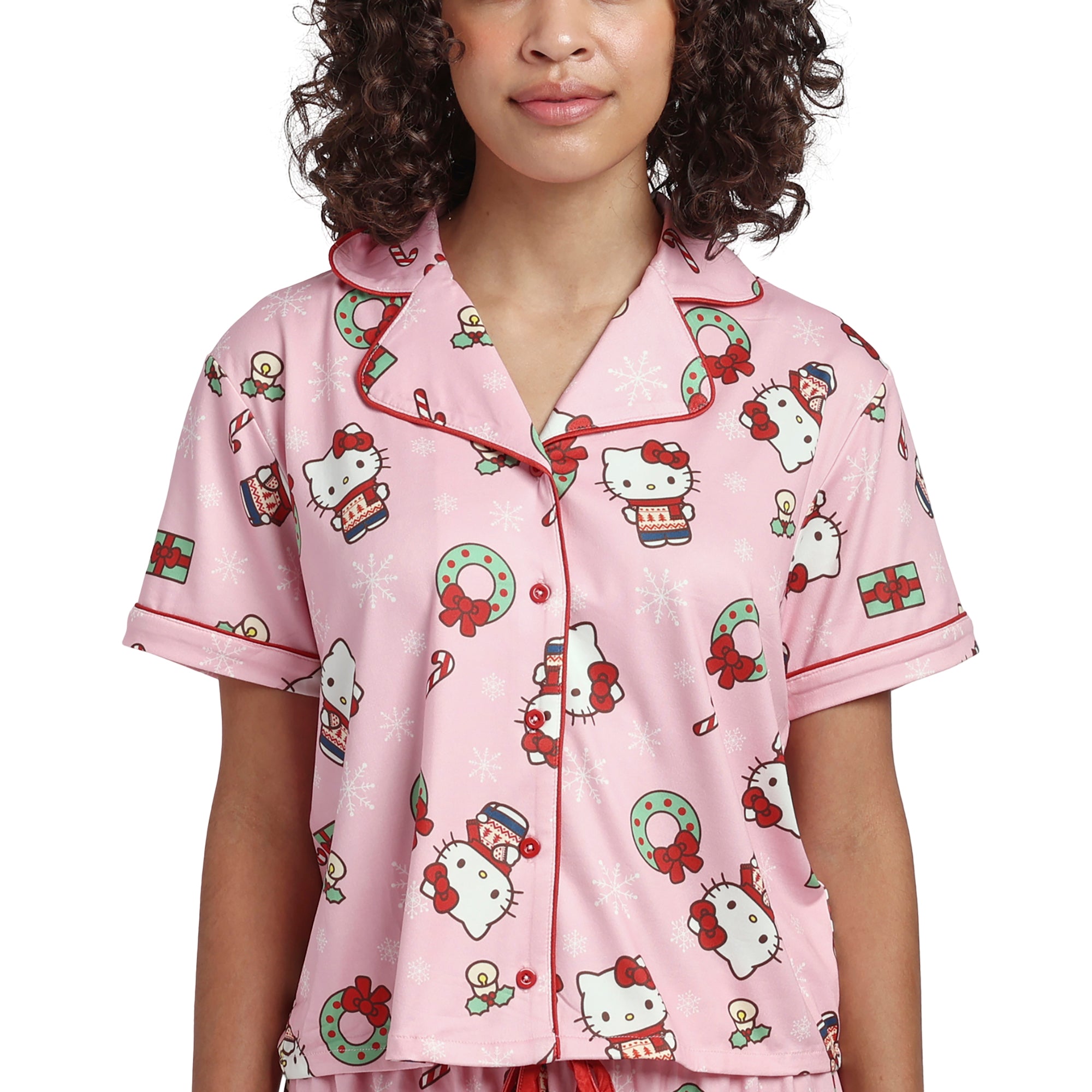 Hello Kitty Holiday All-Over Print Women's Button-Down Shirt And Pants Traditional 2-Piece Pajama Set