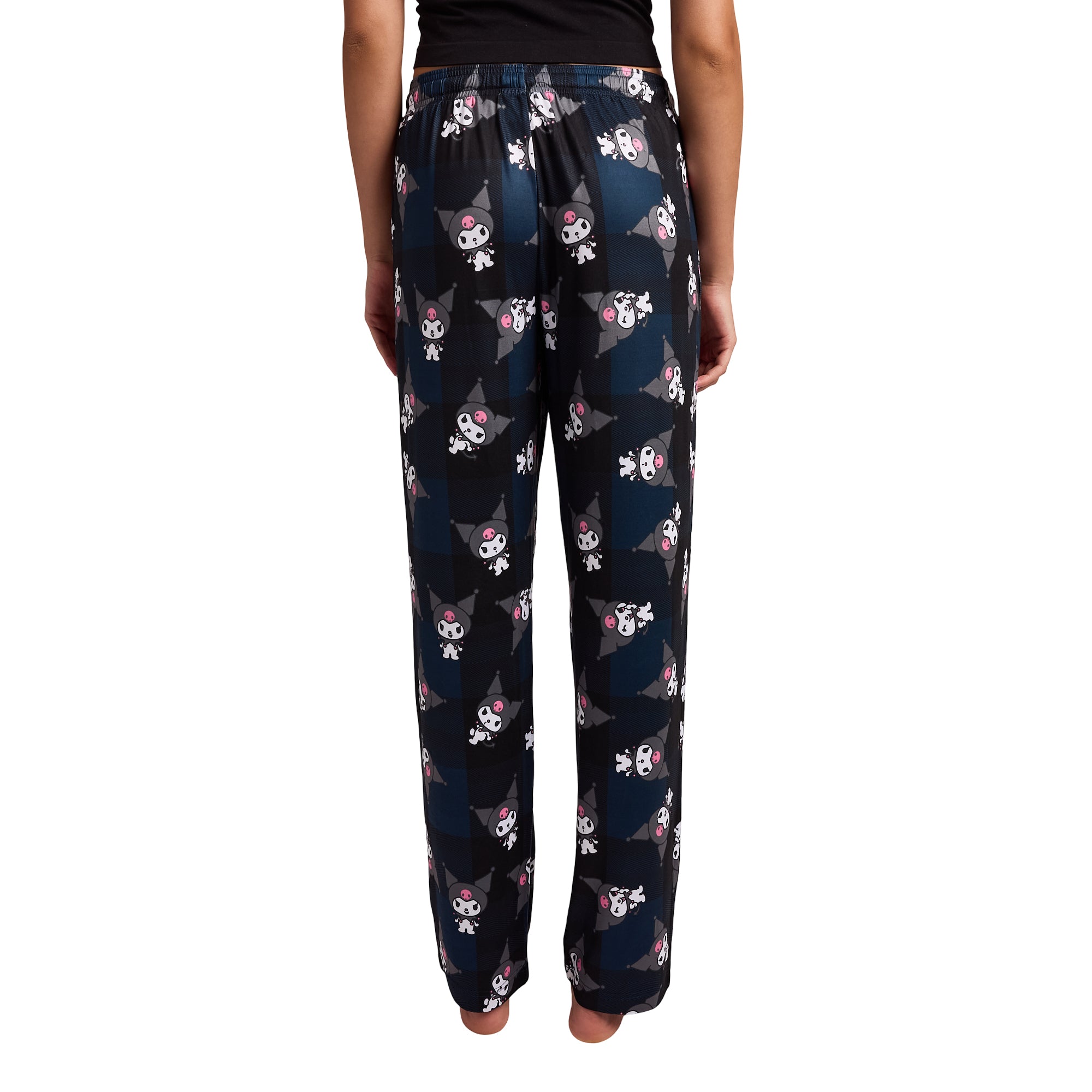 My Melody Kuromi Character Print Women's Black Plaid Sleep Pajama Pants With Pockets