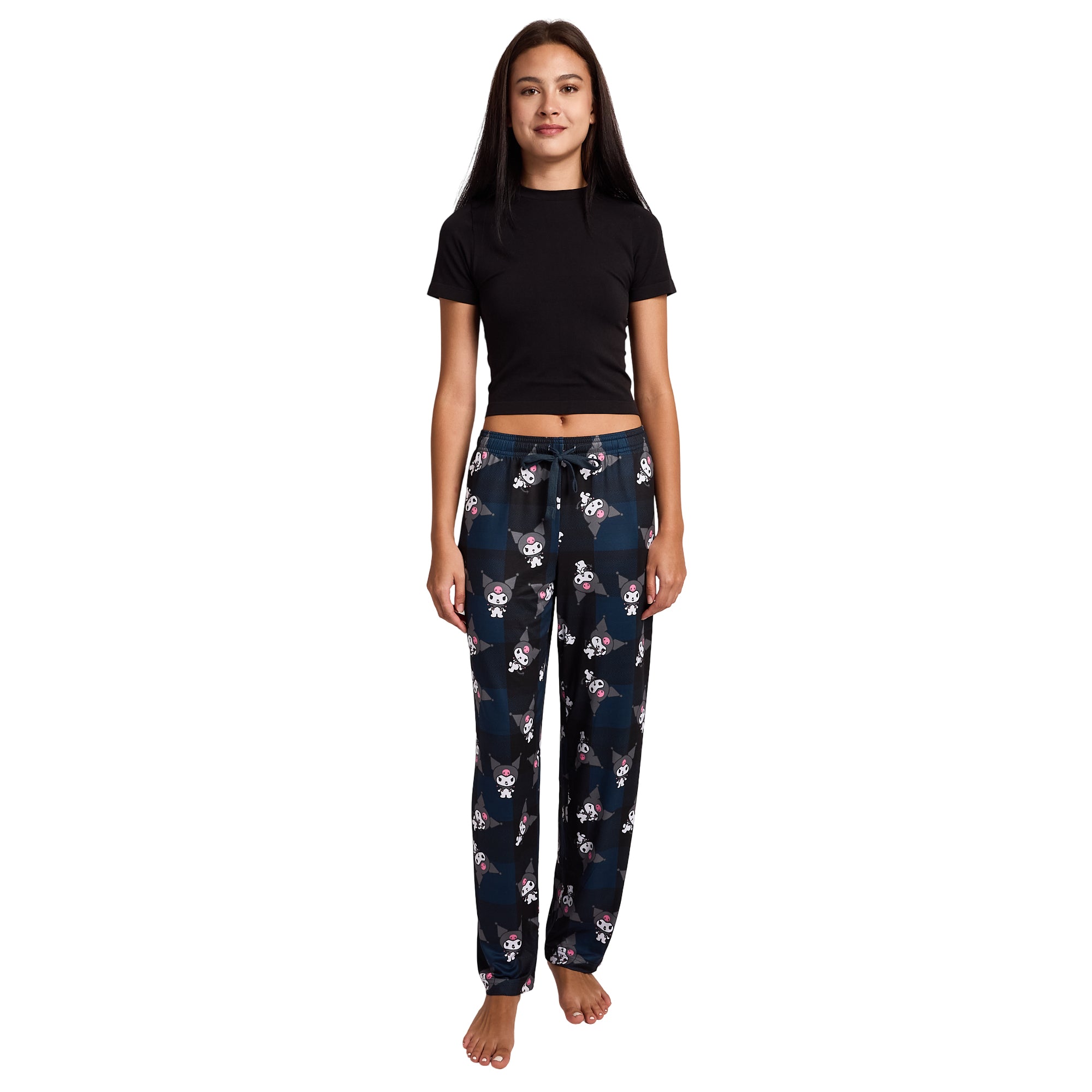 My Melody Kuromi Character Print Women's Black Plaid Sleep Pajama Pants With Pockets