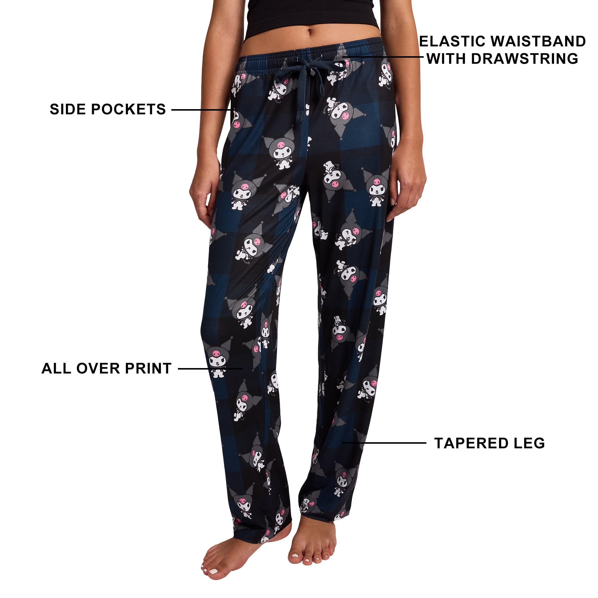 My Melody Kuromi Character Print Women's Black Plaid Sleep Pajama Pants With Pockets