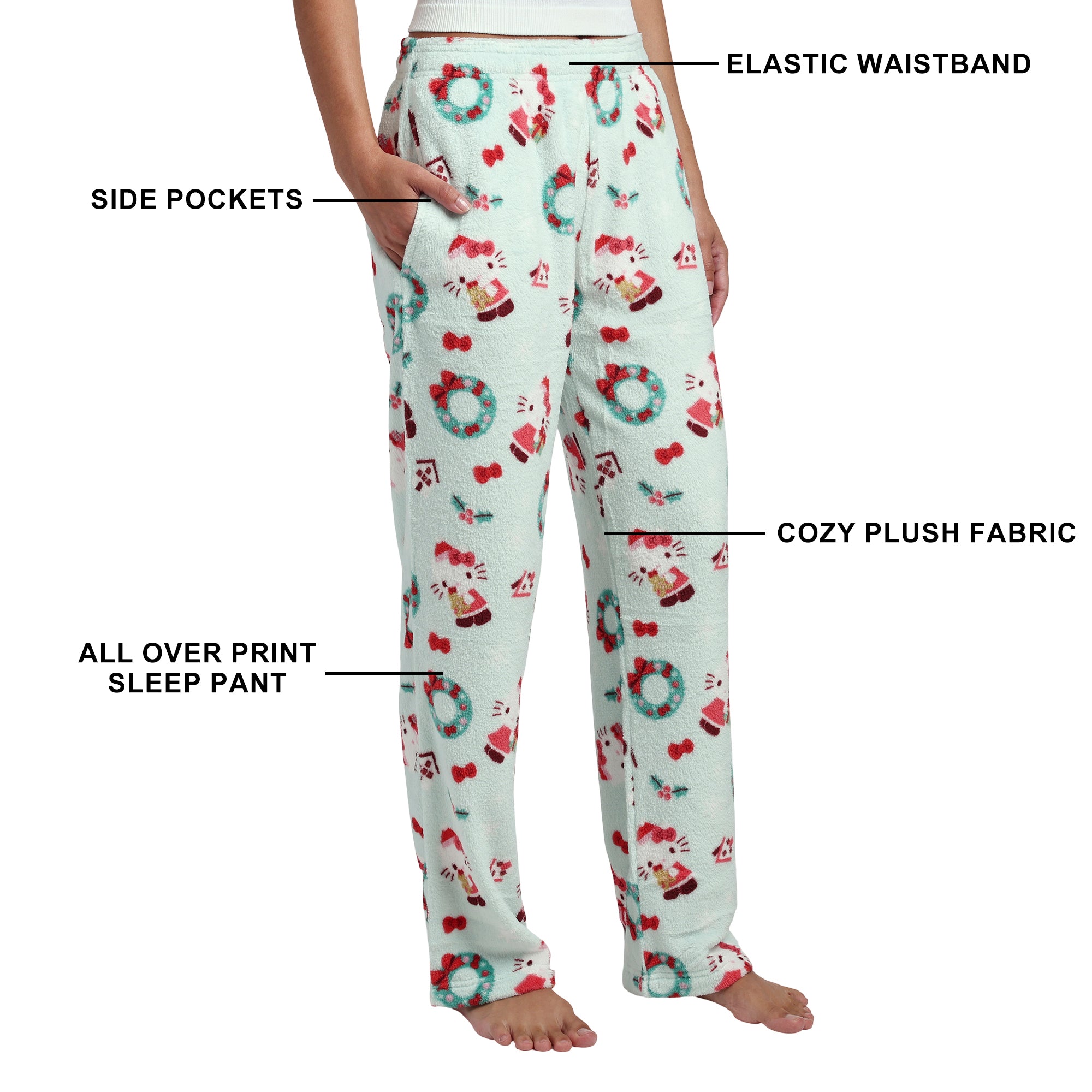 Hello Kitty Holiday All-Over Print Women's Wide Leg Sleep Pajama Pants