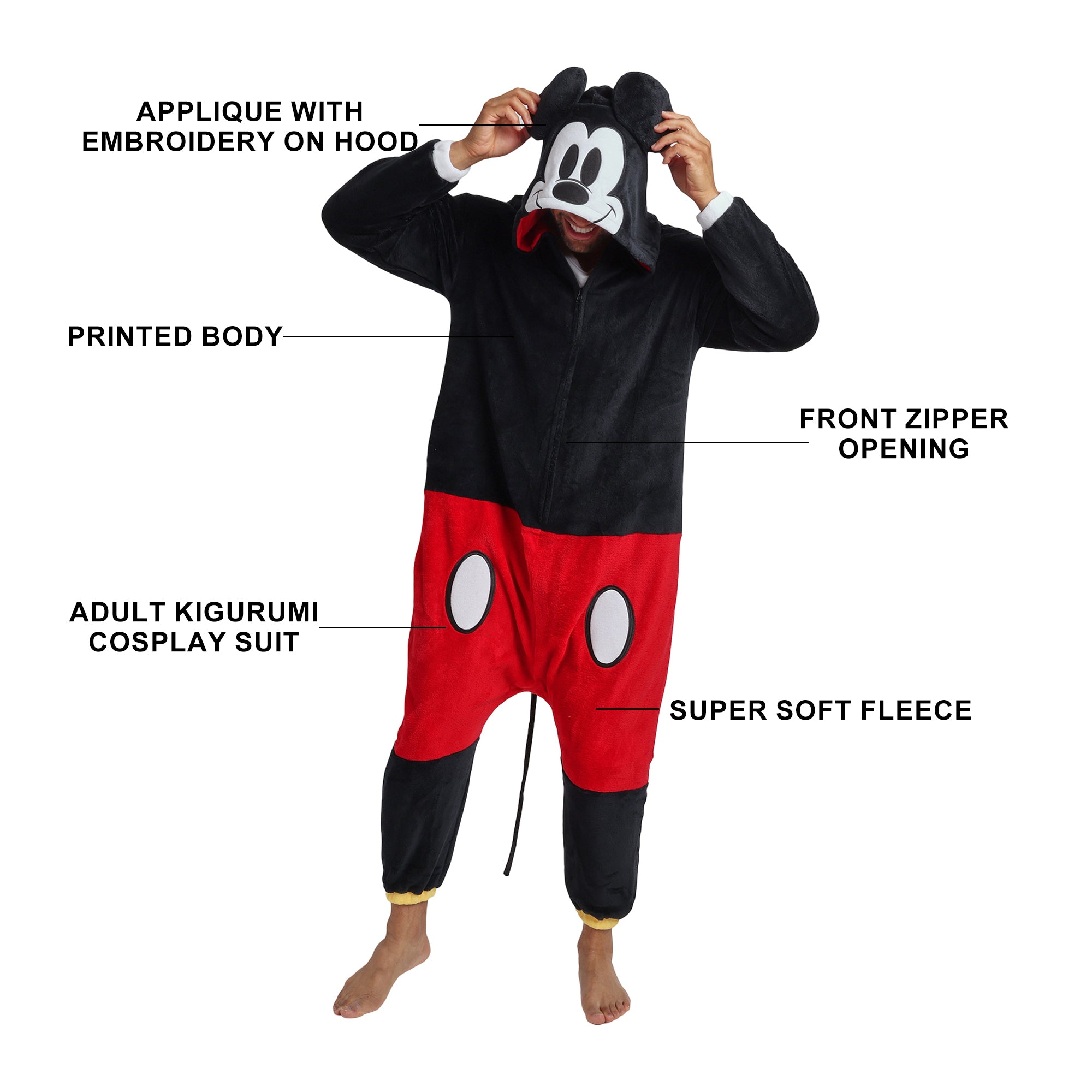 Disney Mickey Mouse Adult Long Sleeve Hooded Kigurumi Onesie Costume Cosplay Suit