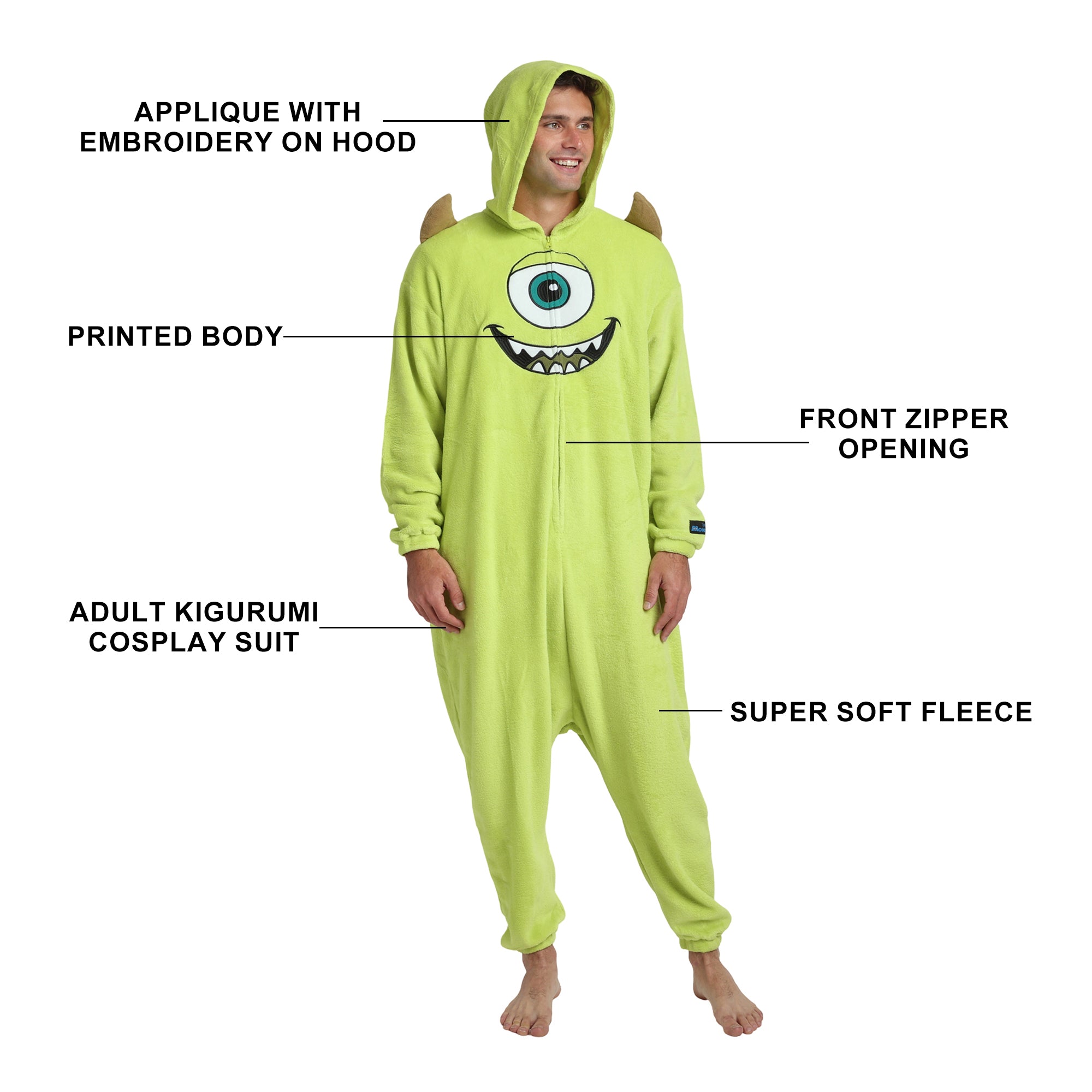 Monsters Inc Mike Wazowski Adult Green Long Sleeve Hooded Kigurumi Onesie Costume Cosplay Suit