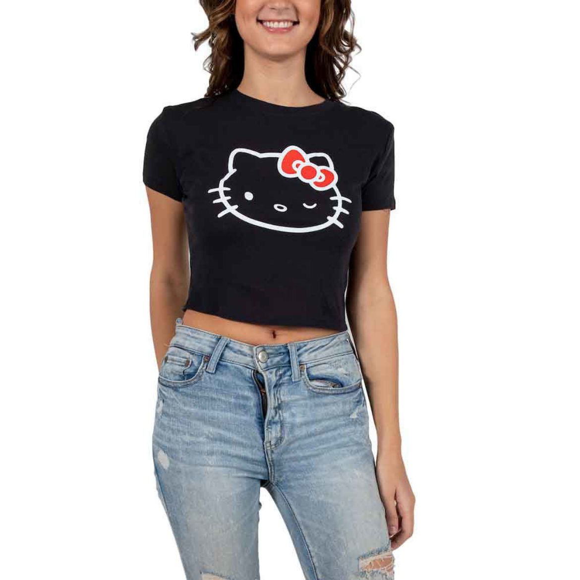 Picture of Hello Kitty Face Outline Black Cropped Juniors Pre-pack Tee