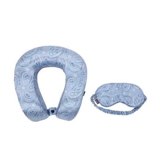 Picture of Bioworld Blue Paisley Satin Neck Pillow & Eye Mask Travel Set