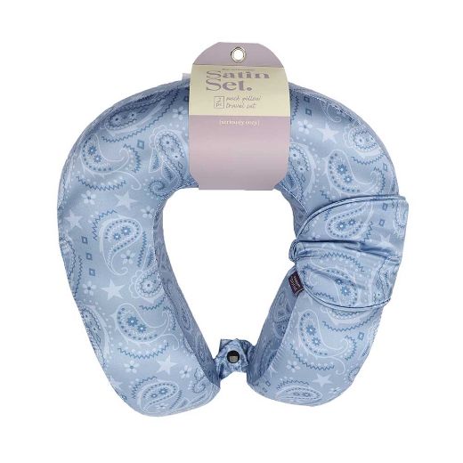 Picture of Bioworld Blue Paisley Satin Neck Pillow & Eye Mask Travel Set