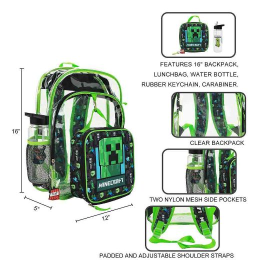 Picture of Minecraft Creeper Youth 5 pc Clear Backpack Set